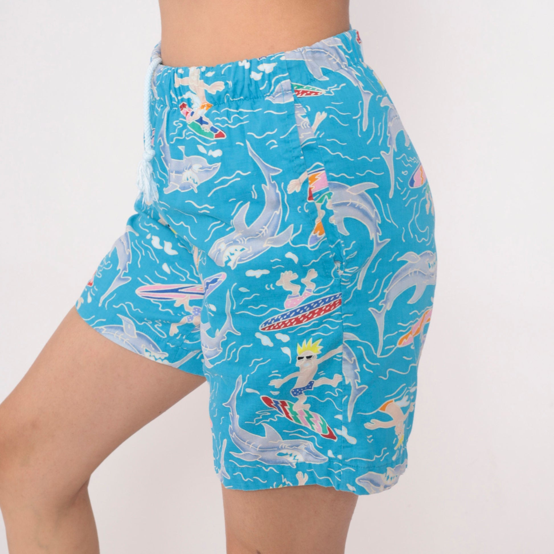 90s Kiwi Surf Shark Surfer Print Swim Shorts Blue Cotton Small