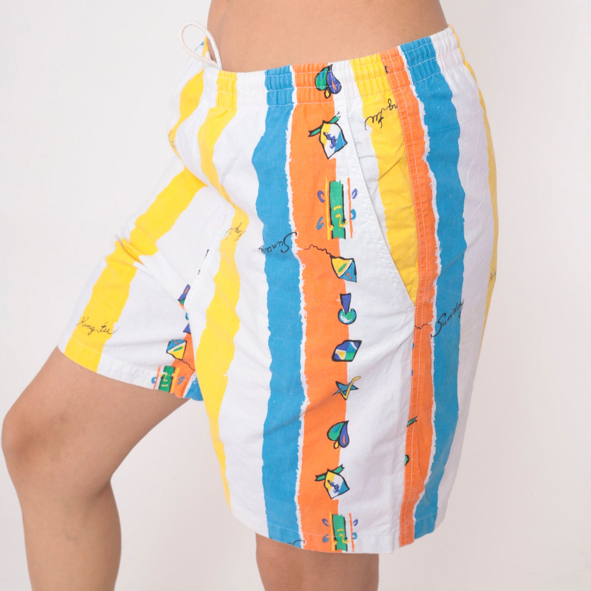 90s Striped Shorts Kung Fu Musical Notes Palm Trees Blue Orange Medium