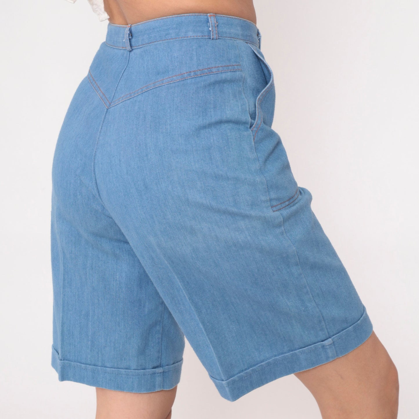 80s Tanjay Blue Denim Bermuda Shorts High Waist Cuffed Small