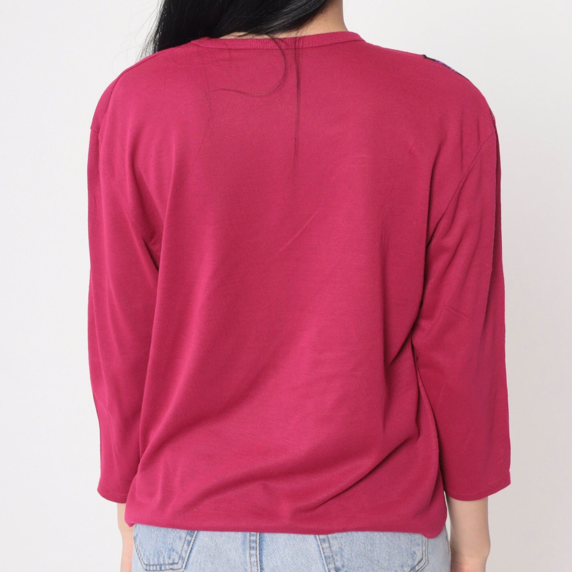 90s Pink Floral Long Sleeve Blouse Pearl Beaded Colorblock Shirt Medium