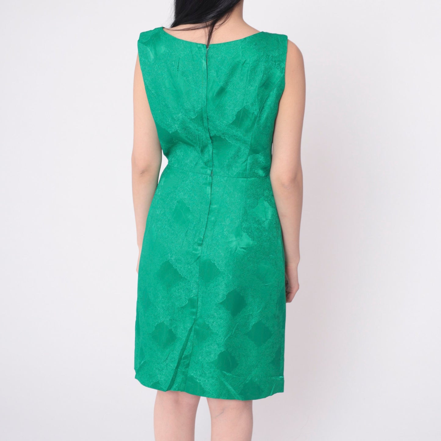 1960s Green Damask Floral Cocktail Dress Sleeveless Mini Small