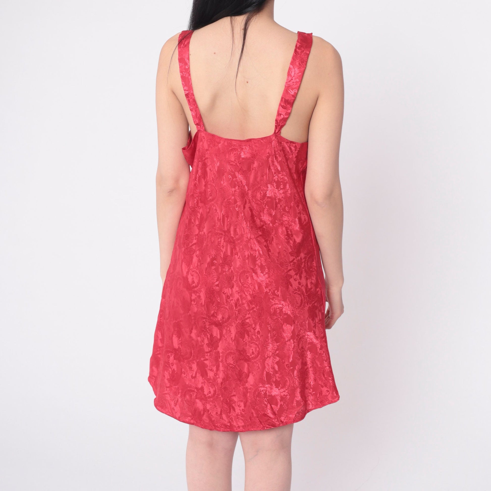 90s Red Floral Embossed Slip Dress Mini Nightgown Bows Medium