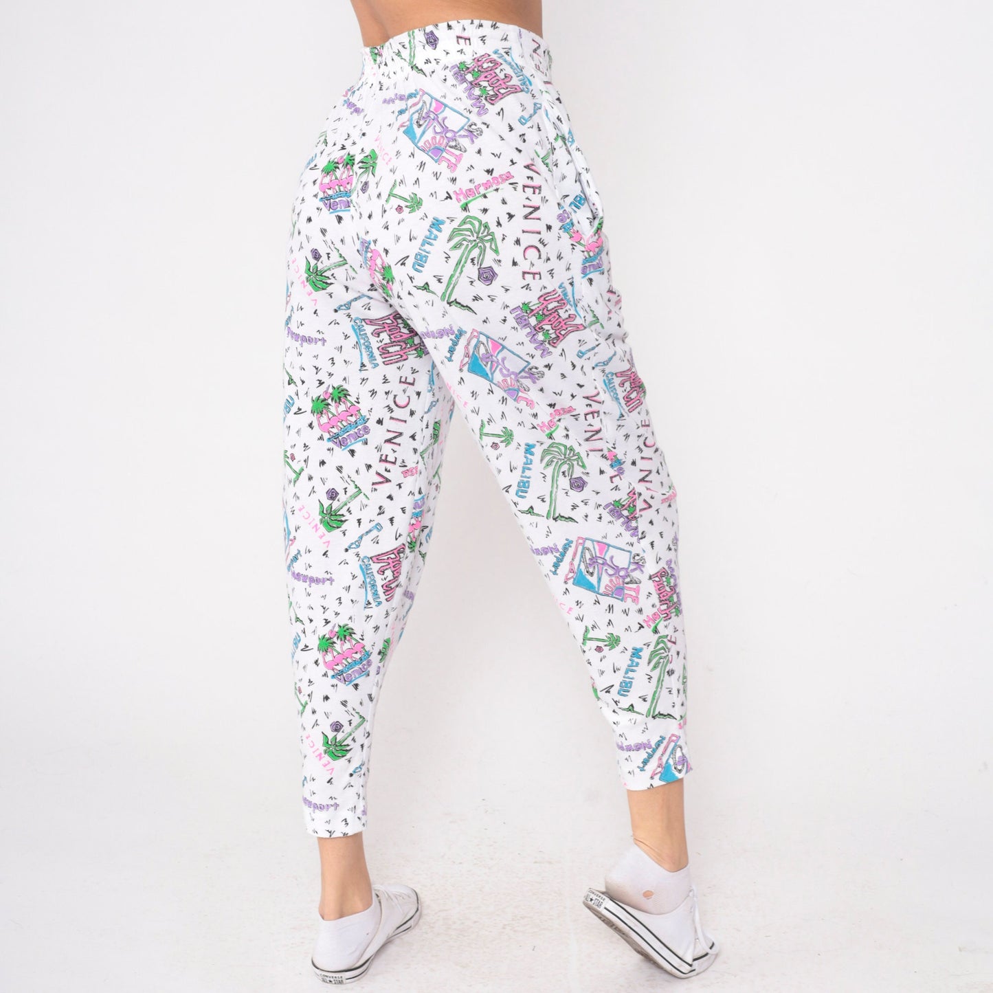 90s Gravity Los Angeles Beach Parachute Pants White Palm Tree Flamingo Small