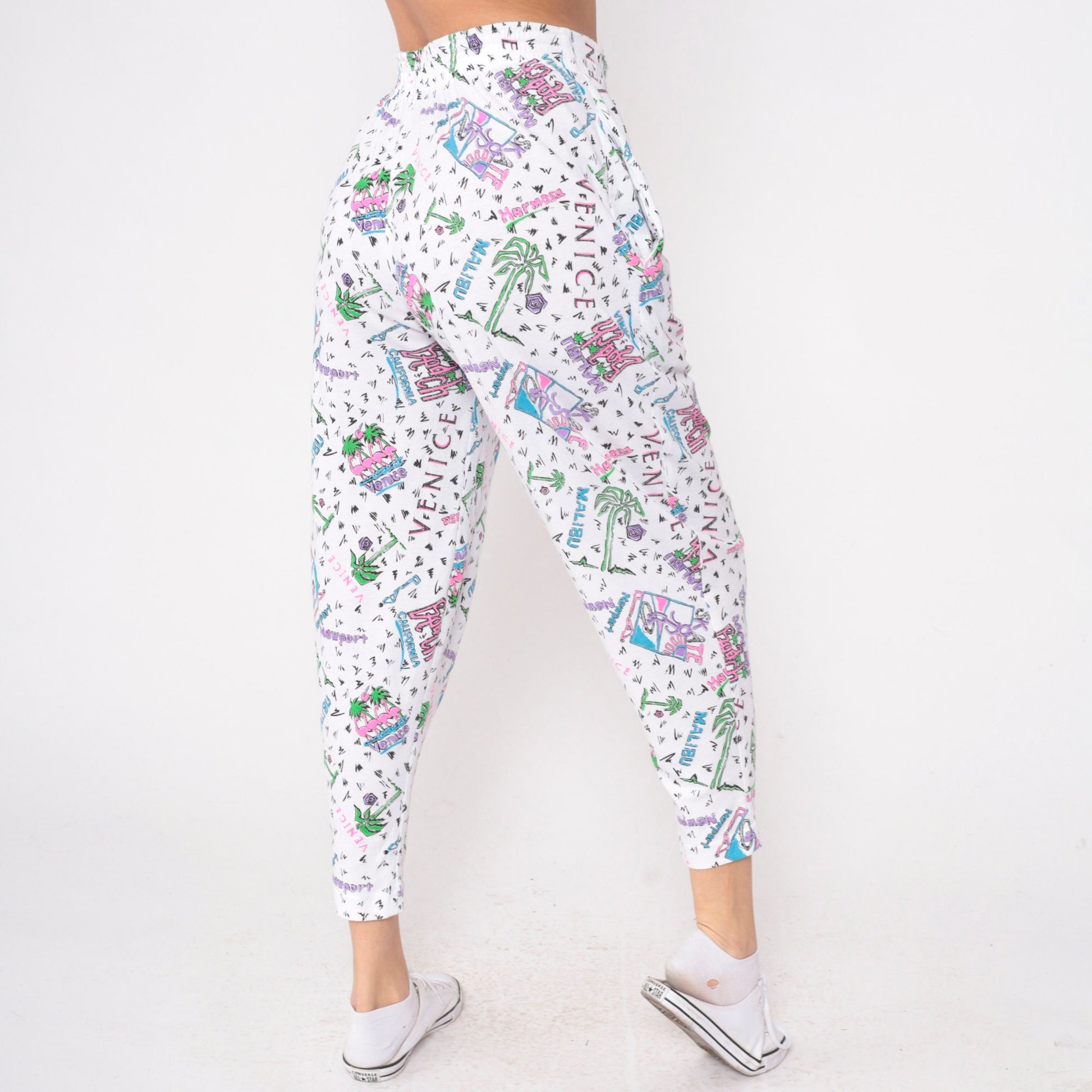 90s Gravity Los Angeles Beach Parachute Pants White Palm Tree Flamingo Small