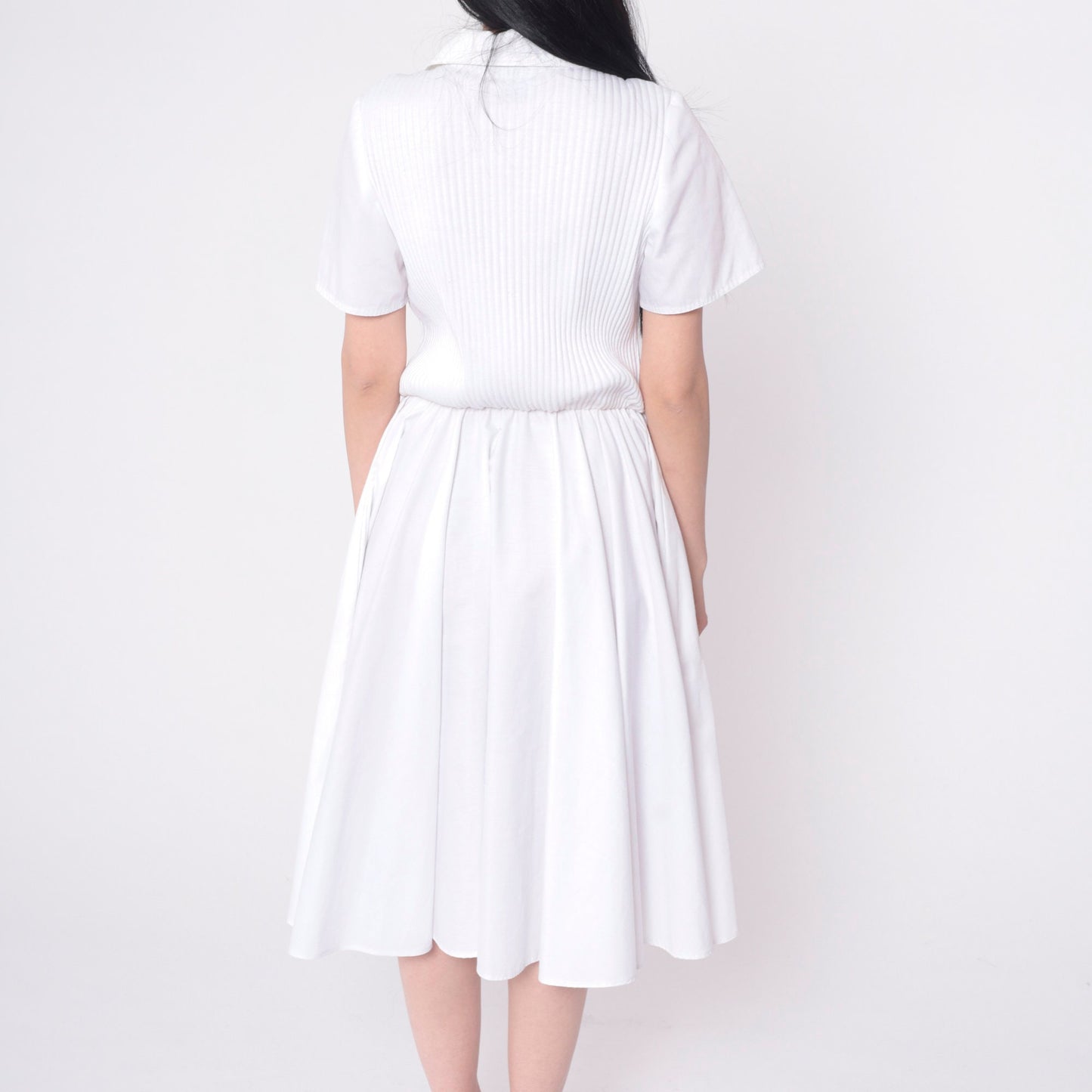 80s White Ribbed Knit Button-Up Shirtdress Elastic Waist Midi Small Medium