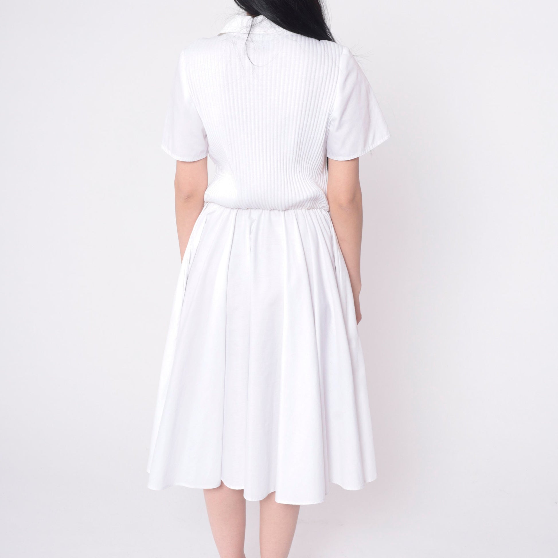 80s White Ribbed Knit Button-Up Shirtdress Elastic Waist Midi Small Medium