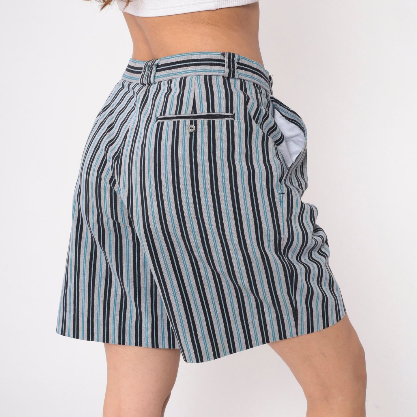 90s Head Sportswear Striped Shorts High Waist Pleated Blue White Black Medium
