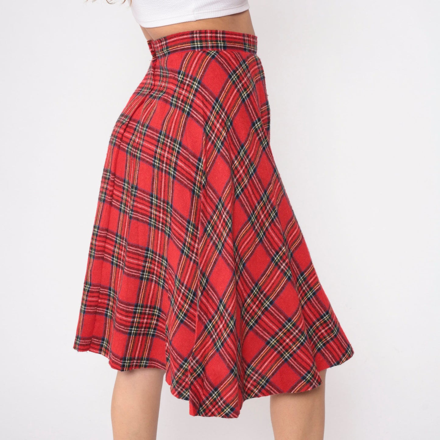 70s Red Plaid Midi Skirt High Waisted A-Line Tartan Small S
