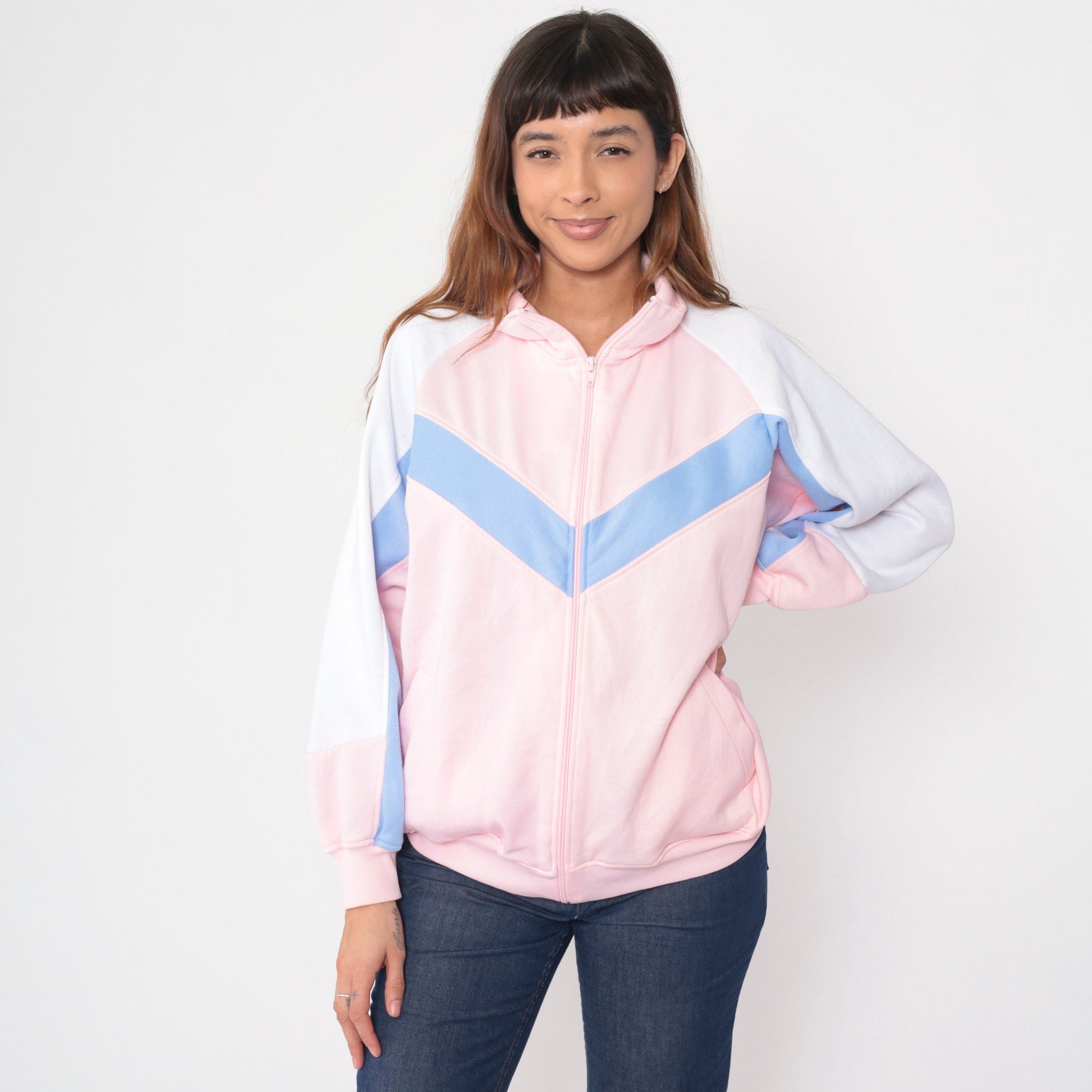 90s Baby Pink Track Jacket Periwinkle Chevron Stripe Zip Raglan Large L