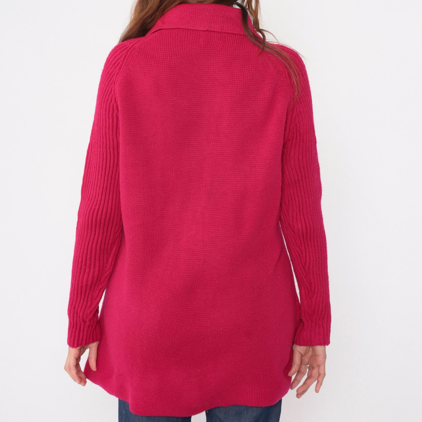 70s Fuchsia Cardigan Sweater Raglan Sleeve Ribbed Knit Gold Buttons Large L