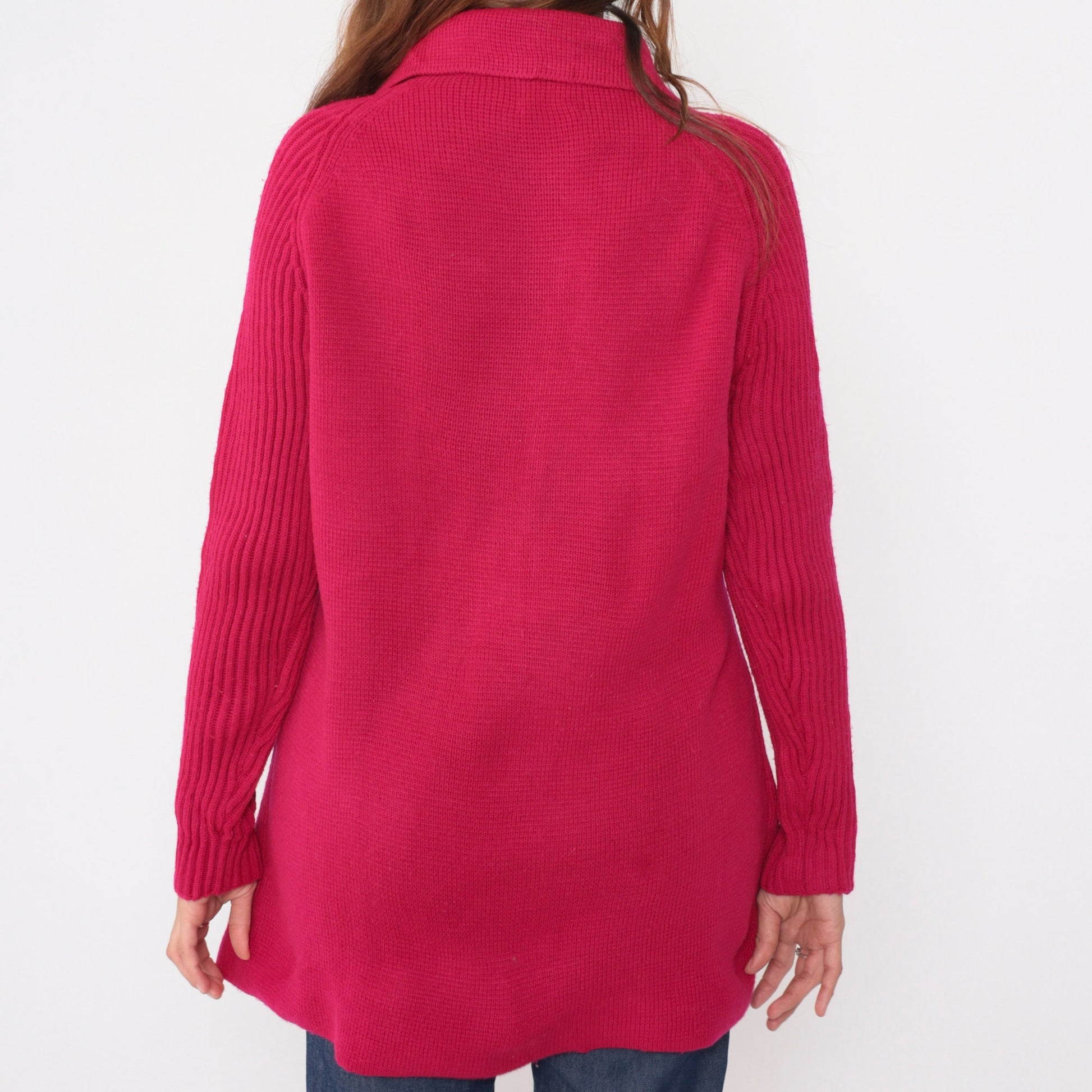 70s Fuchsia Cardigan Sweater Raglan Sleeve Ribbed Knit Gold Buttons Large L