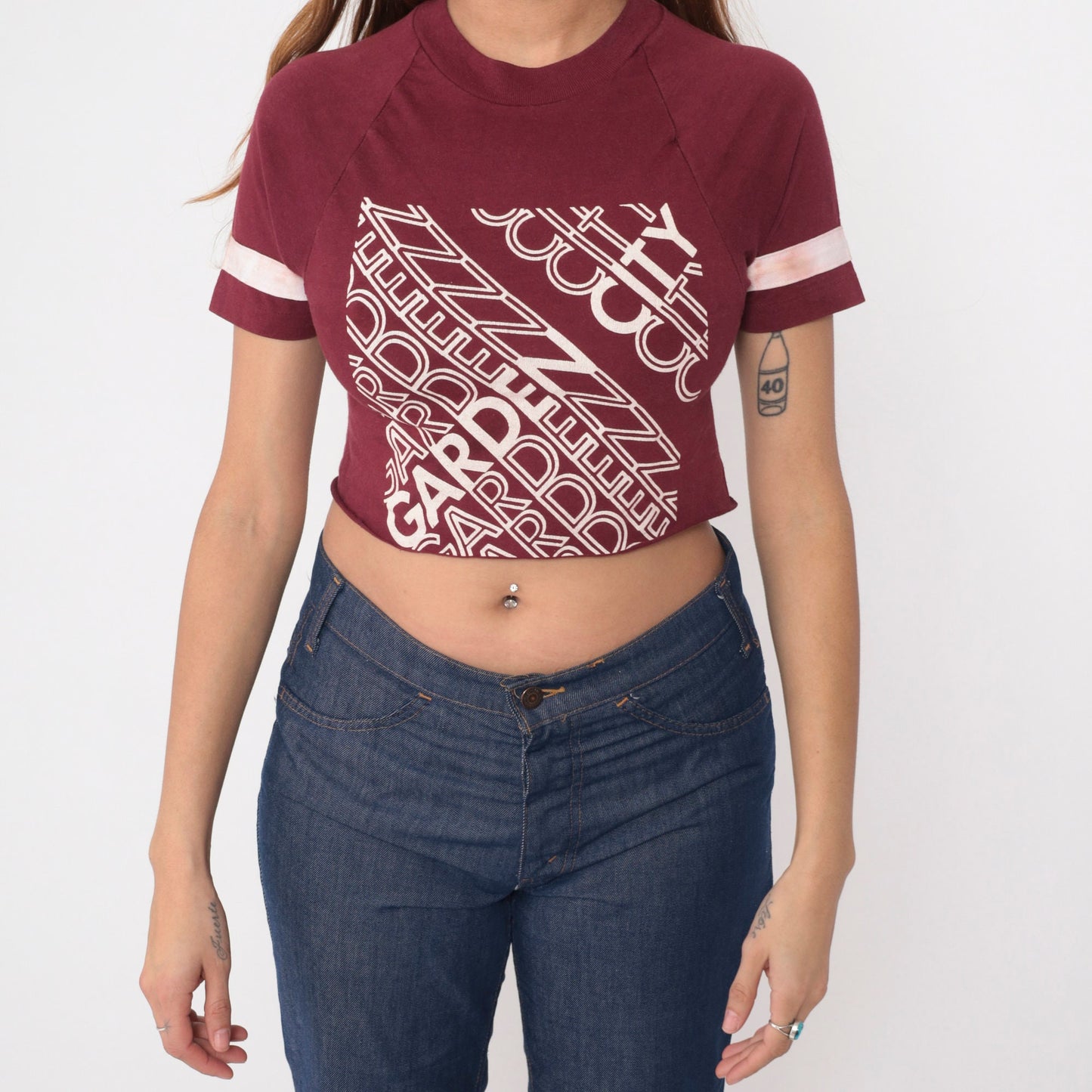 80s Champion Garden City Crop Top Burgundy Raglan Tee Extra Small