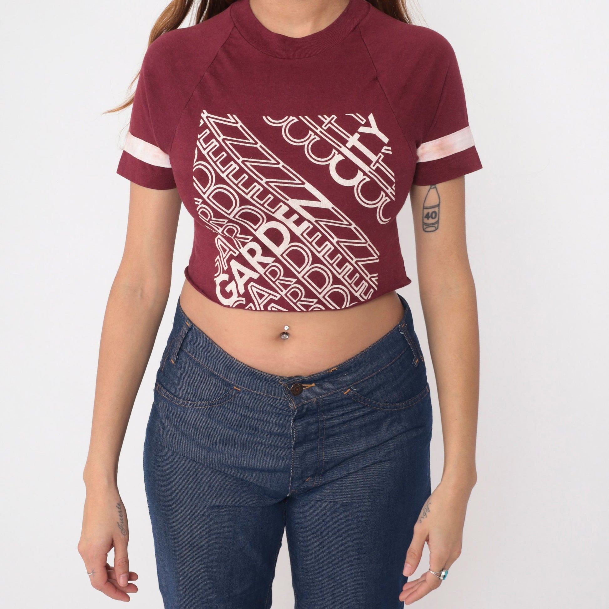 80s Champion Garden City Crop Top Burgundy Raglan Tee Extra Small