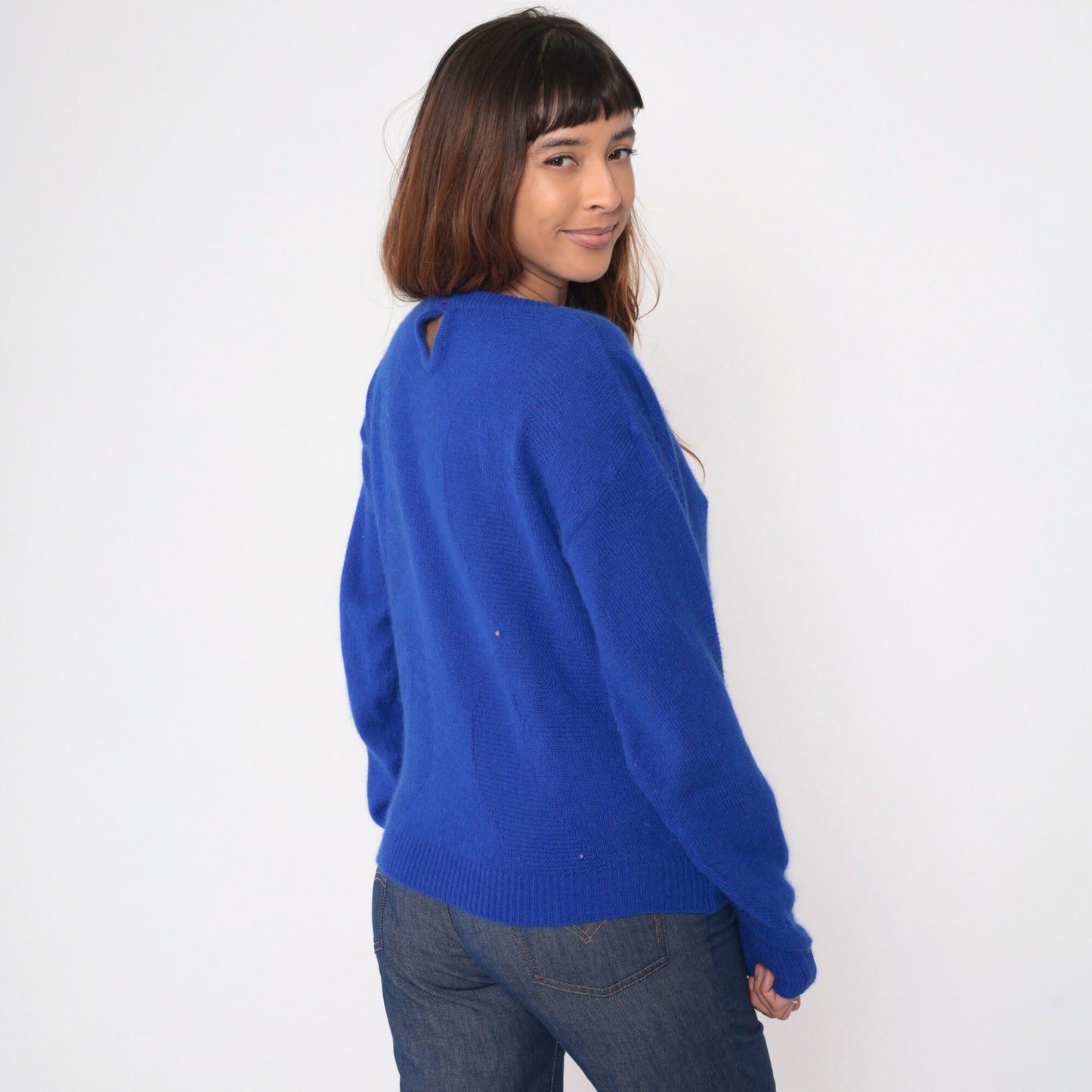 Pierre Cardin 90s Royal Blue Angora Wool Sweater Textured Crewneck Medium M