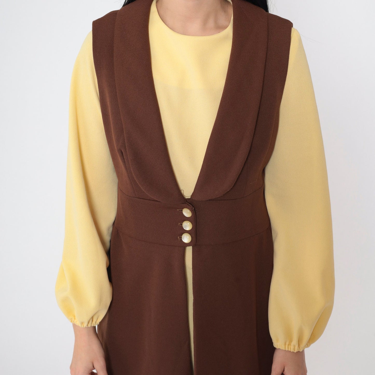 70s Mod Mini Dress and Vest Set Yellow Brown Shift Long Sleeve Medium