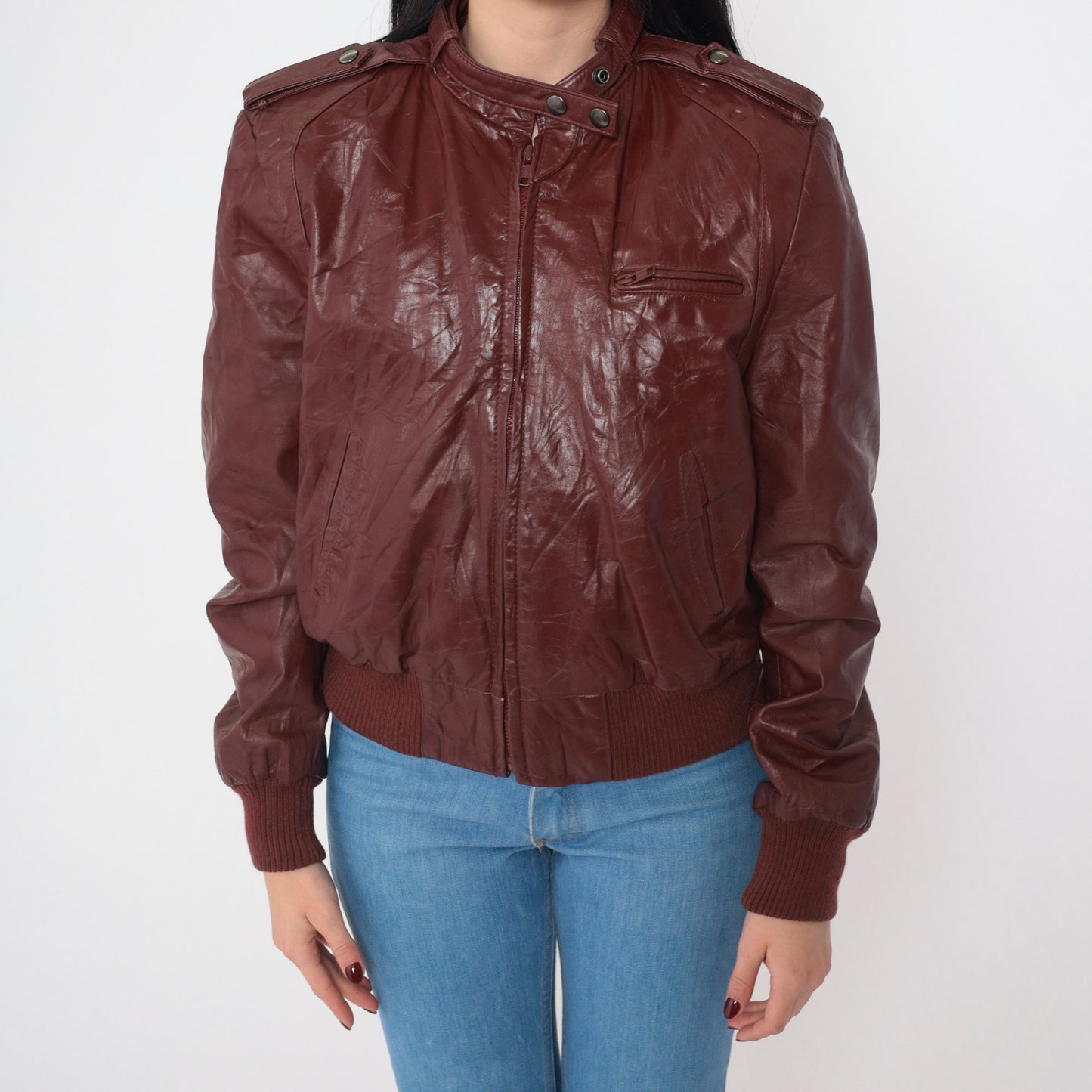 80s Bermans Leather Bomber Jacket Mahogany Brown Zip Moto Small