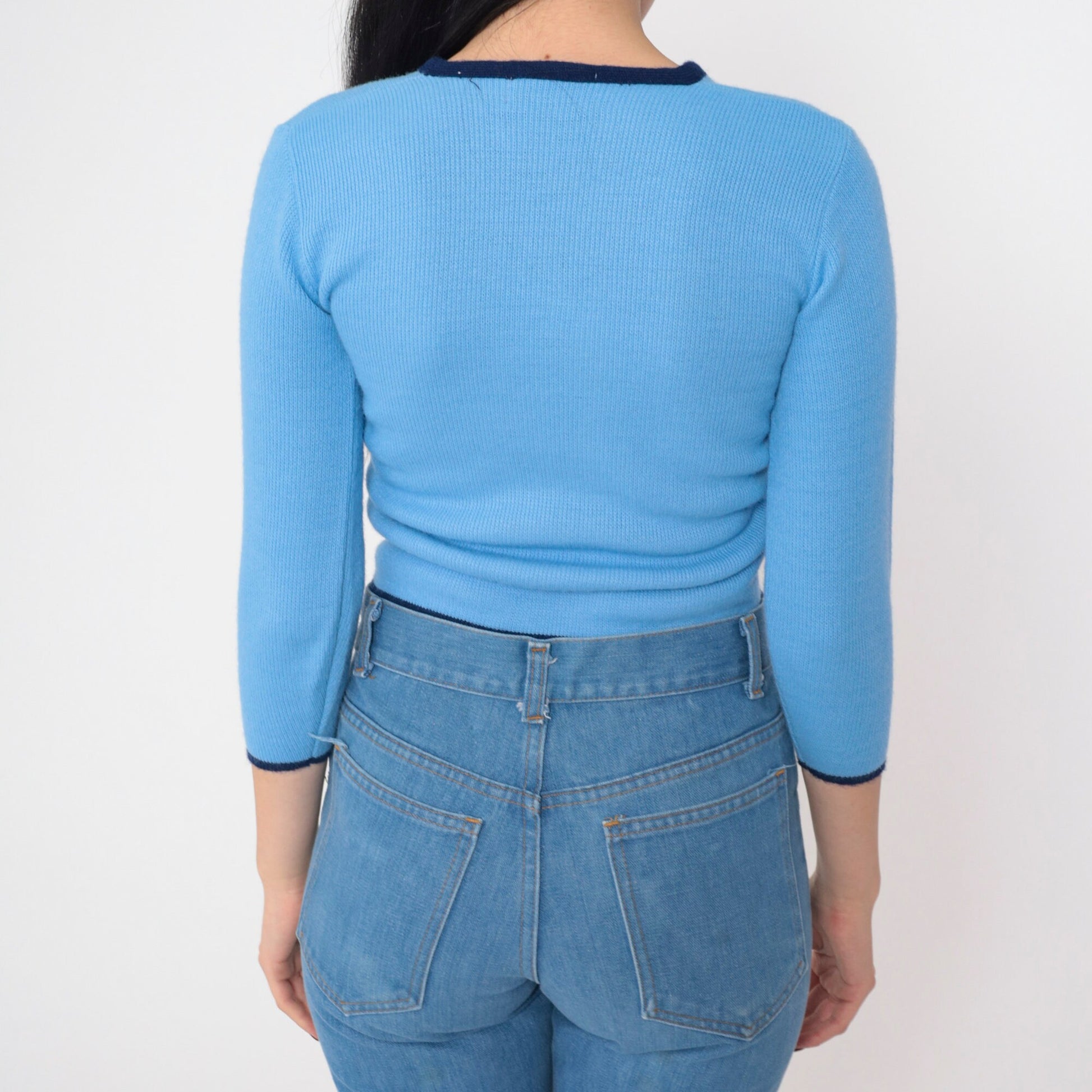 70s Blue Cropped Cardigan Fleur De Lis Patch Ribbed Knit XXS