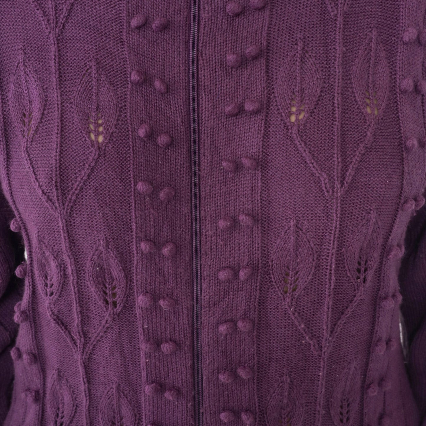 90s Purple Pointelle Cardigan Popcorn Knit Leaf Design Zip Up Sweater Medium