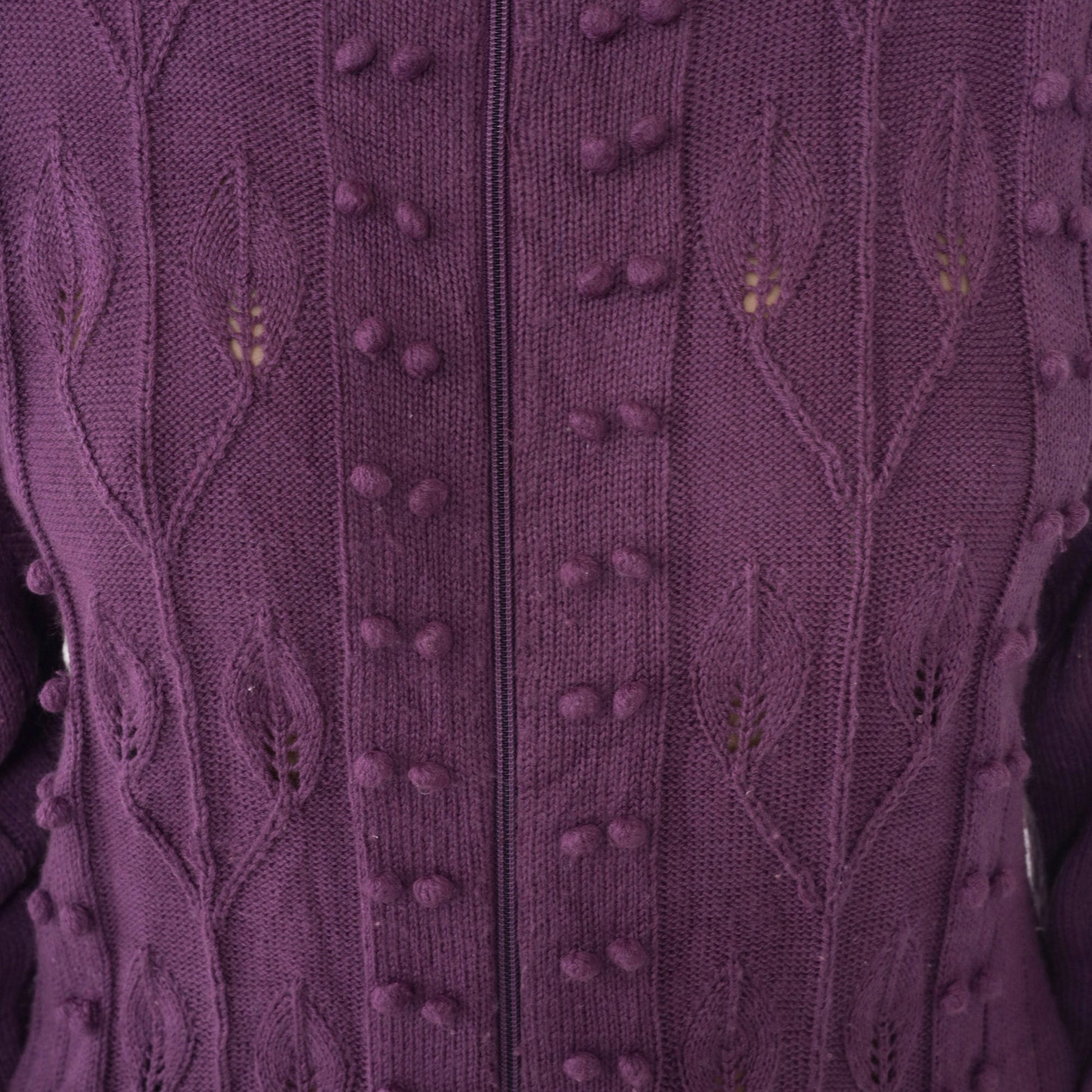 90s Purple Pointelle Cardigan Popcorn Knit Leaf Design Zip Up Sweater Medium
