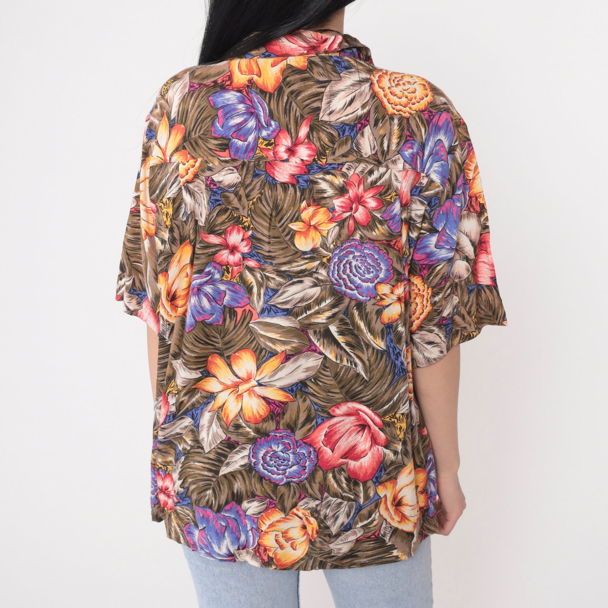 90s Tropical Floral Button-Up Shirt Leaf Print Hawaiian Blouse Plus Size 16W