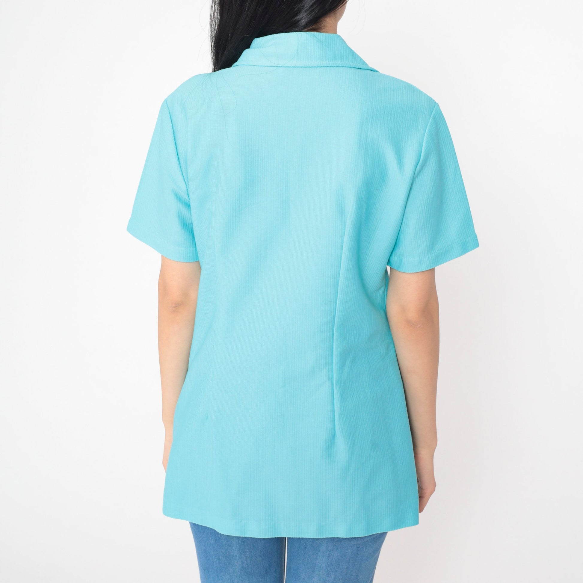70s Blue Dagger Collar Button-Up Shirt Short Sleeve Longline Tunic Medium