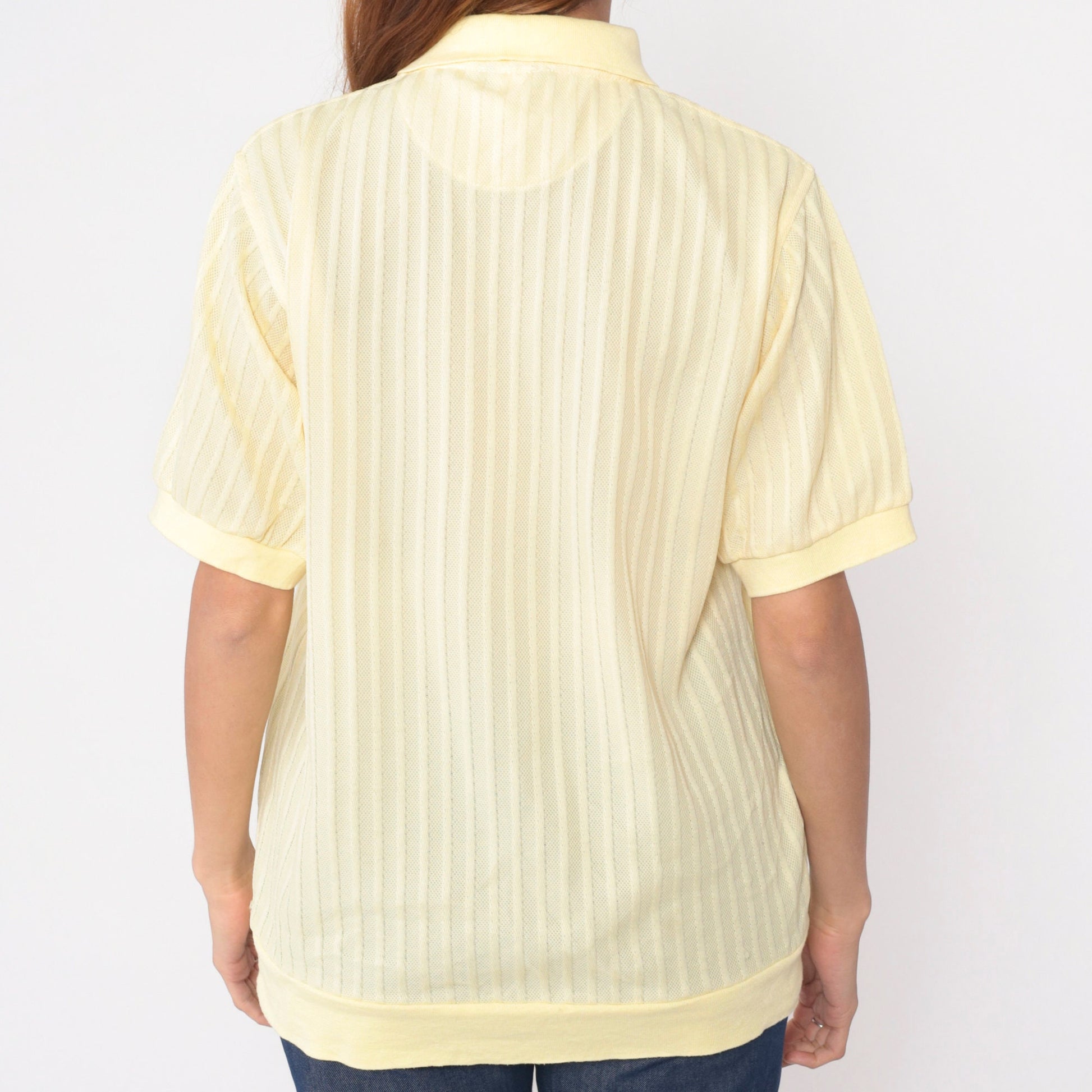80s Light Yellow Polo Shirt Chest Pocket Banded Hem Men's Medium