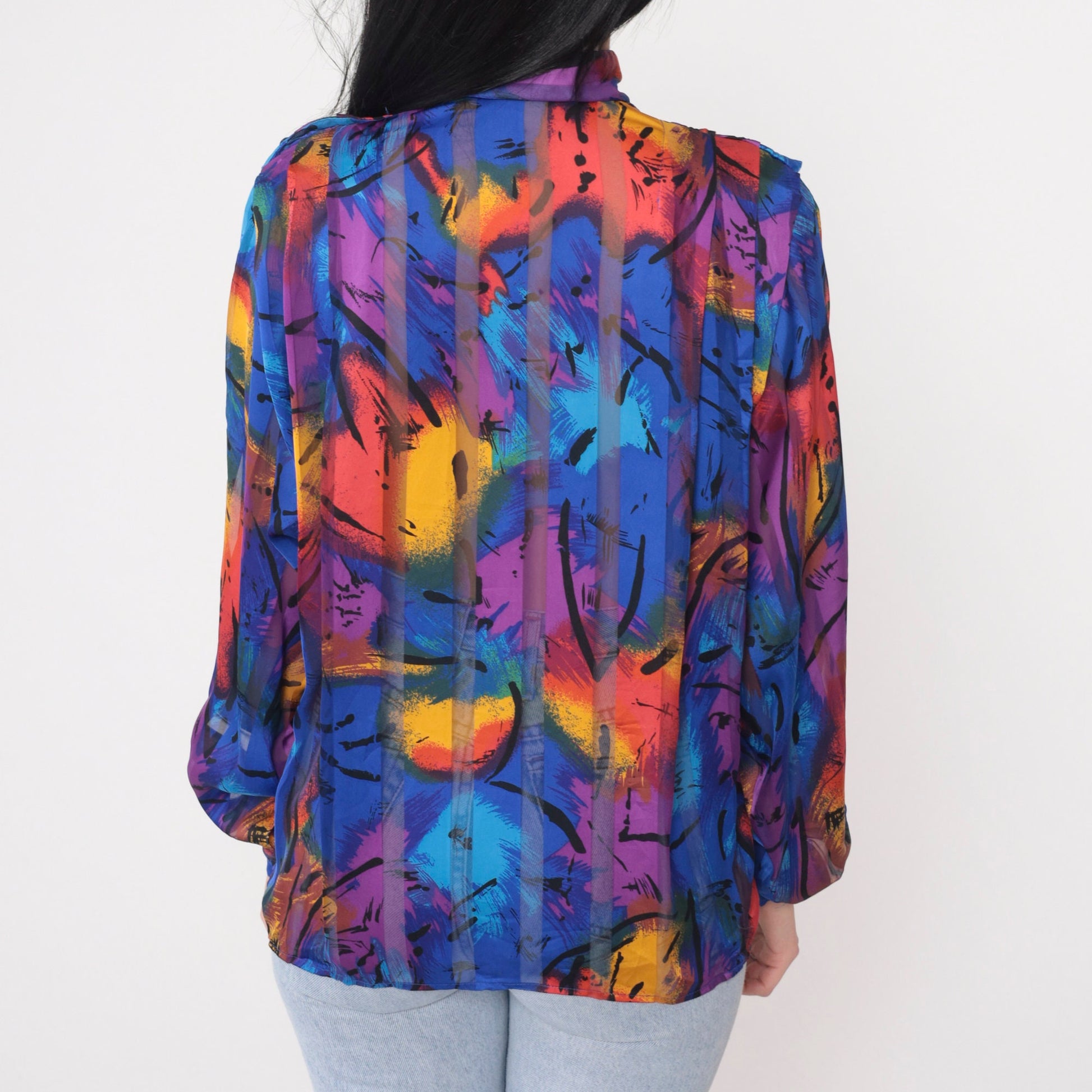 80s Abstract Print Mock Neck Blouse Button Shoulder Long Sleeve Small