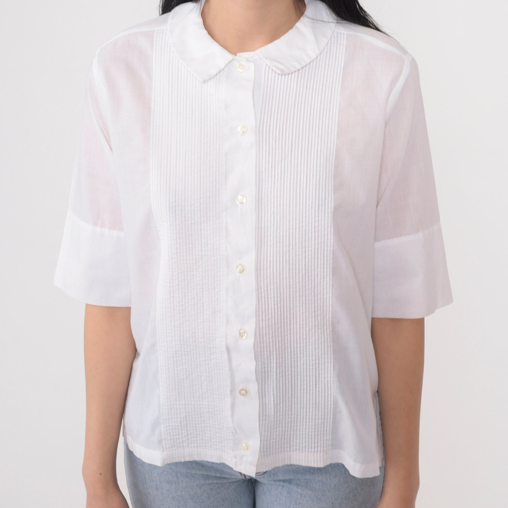 80s Ship n Shore White Button Up Blouse Peter Pan Collar Half Sleeve XS