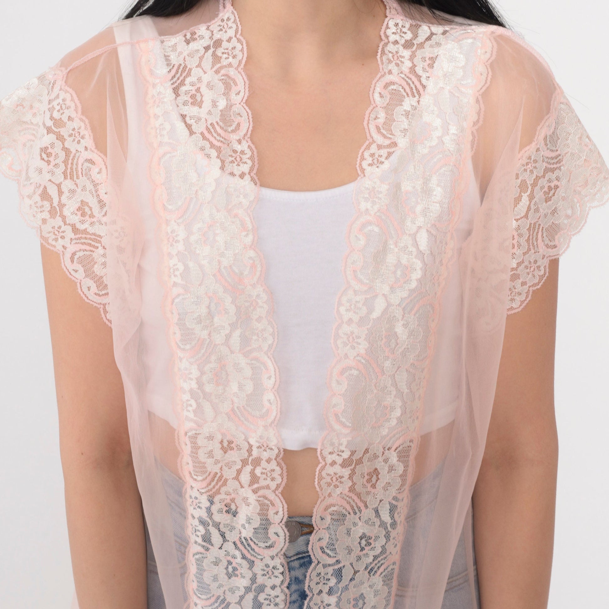 80s Pink Nylon Robe Jacket Lace Trim Open Front Short Sleeve Small