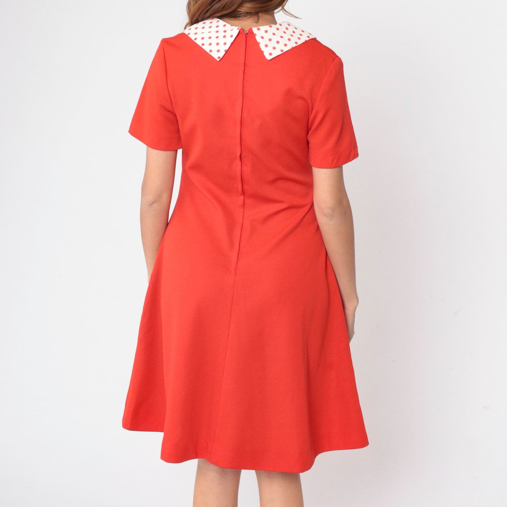70s Red Shift Dress Polka Dot Collar Mini Short Sleeve Medium 8