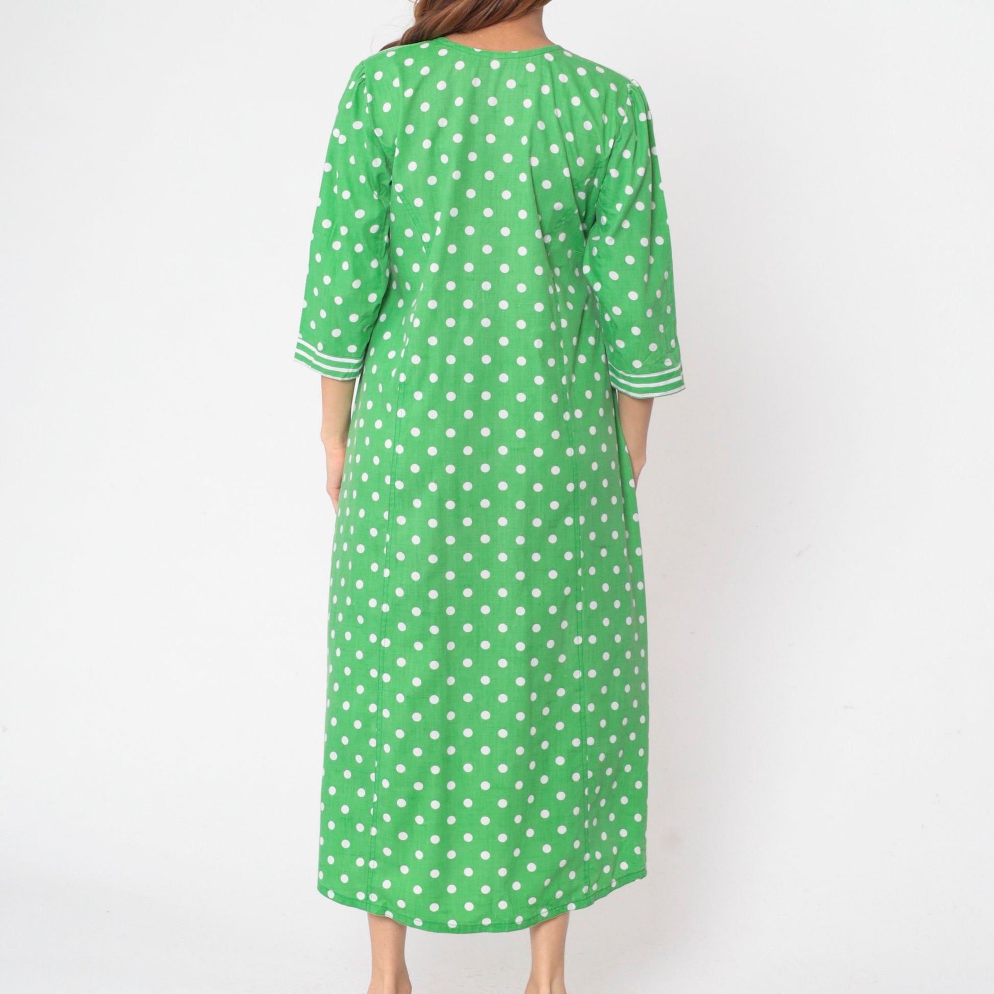 70s Polka Dot Caftan Maxi Dress Green White Front Zip 3/4 Sleeve Medium