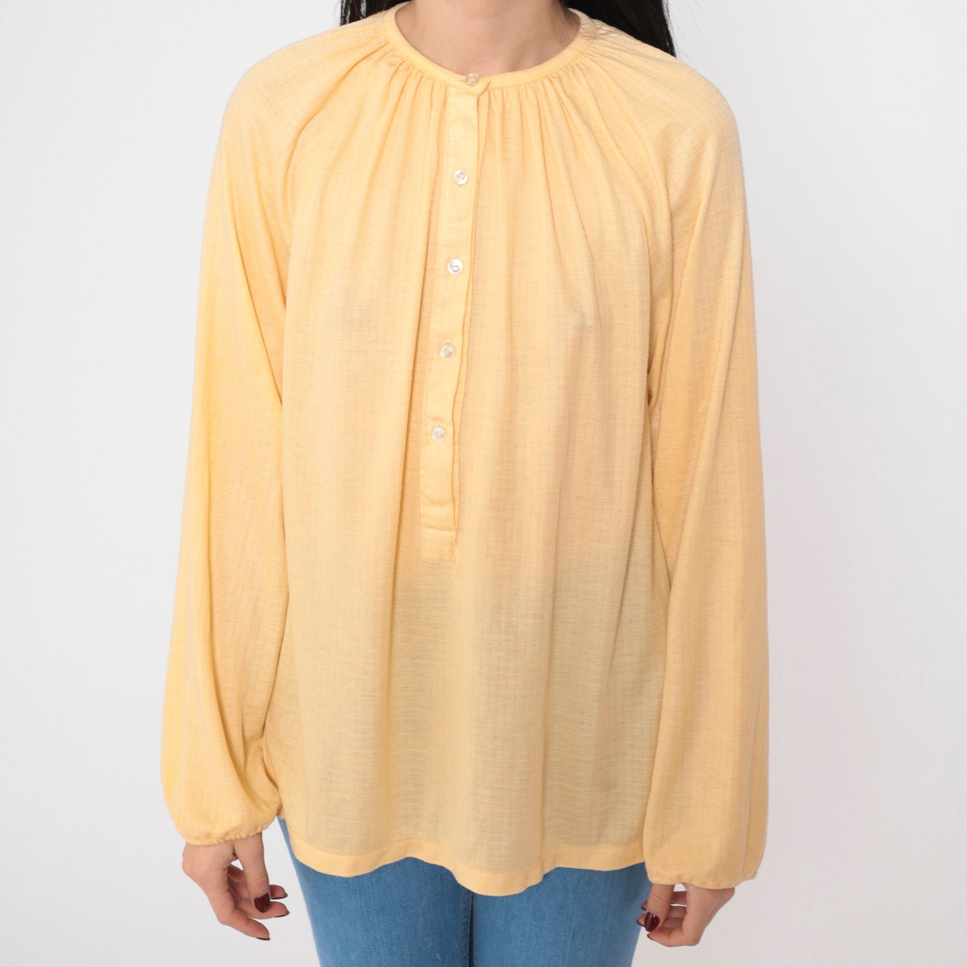 70s Yellow Semi-Sheer Half-Button Blouse Long Sleeve Medium M