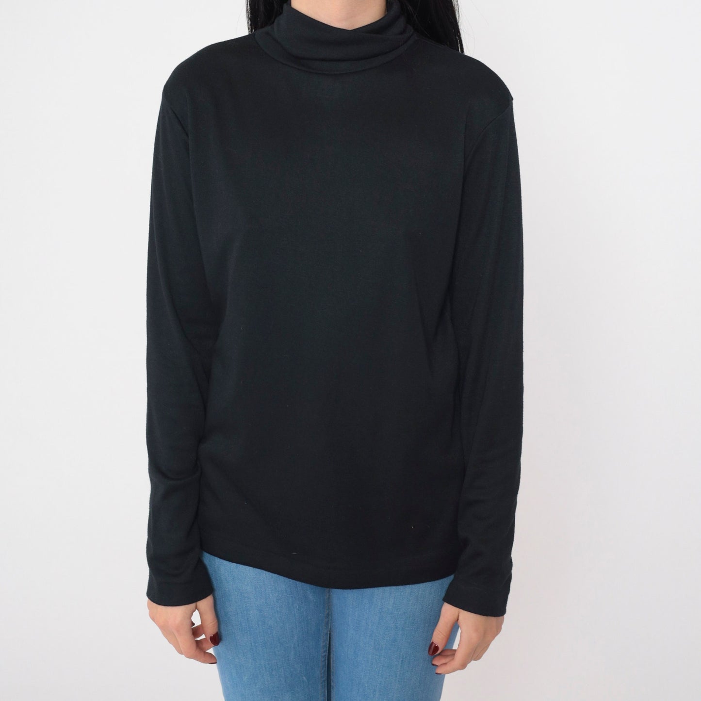 70s Black Turtleneck Long Sleeve Shirt Funnel Neck Layering Top Large L