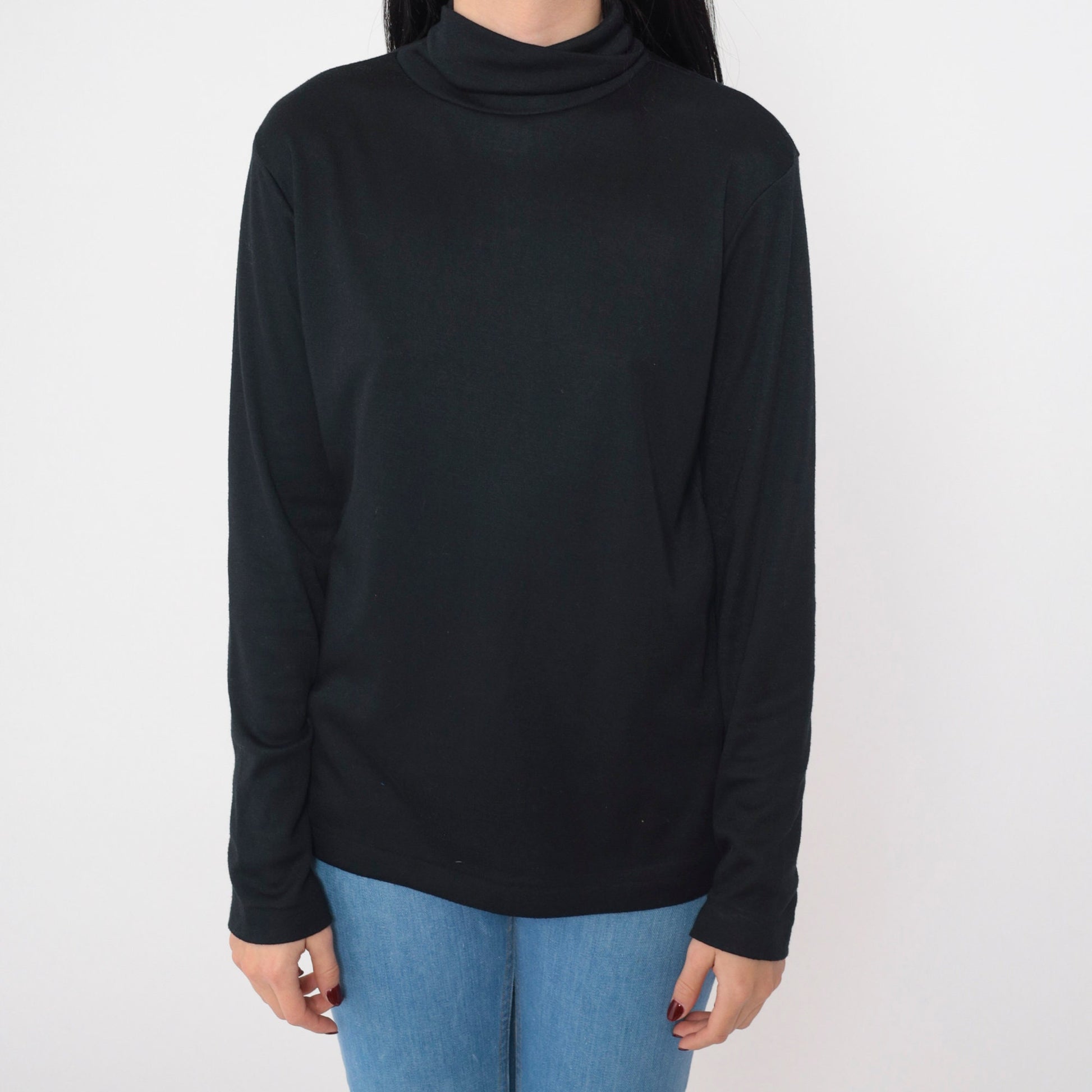 70s Black Turtleneck Long Sleeve Shirt Funnel Neck Layering Top Large L