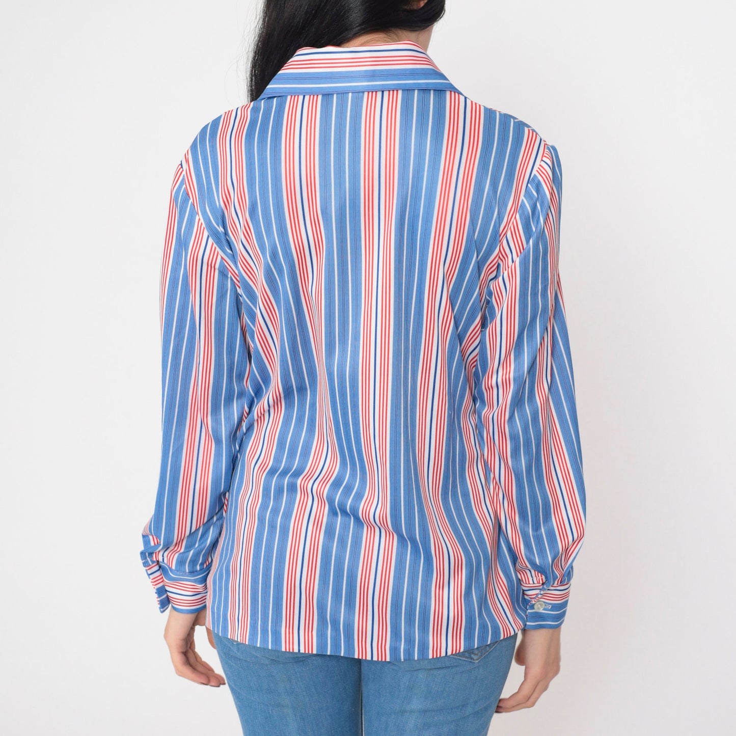 70s Red White Blue Striped Button-Up Blouse Long Sleeve Collared Shirt Medium
