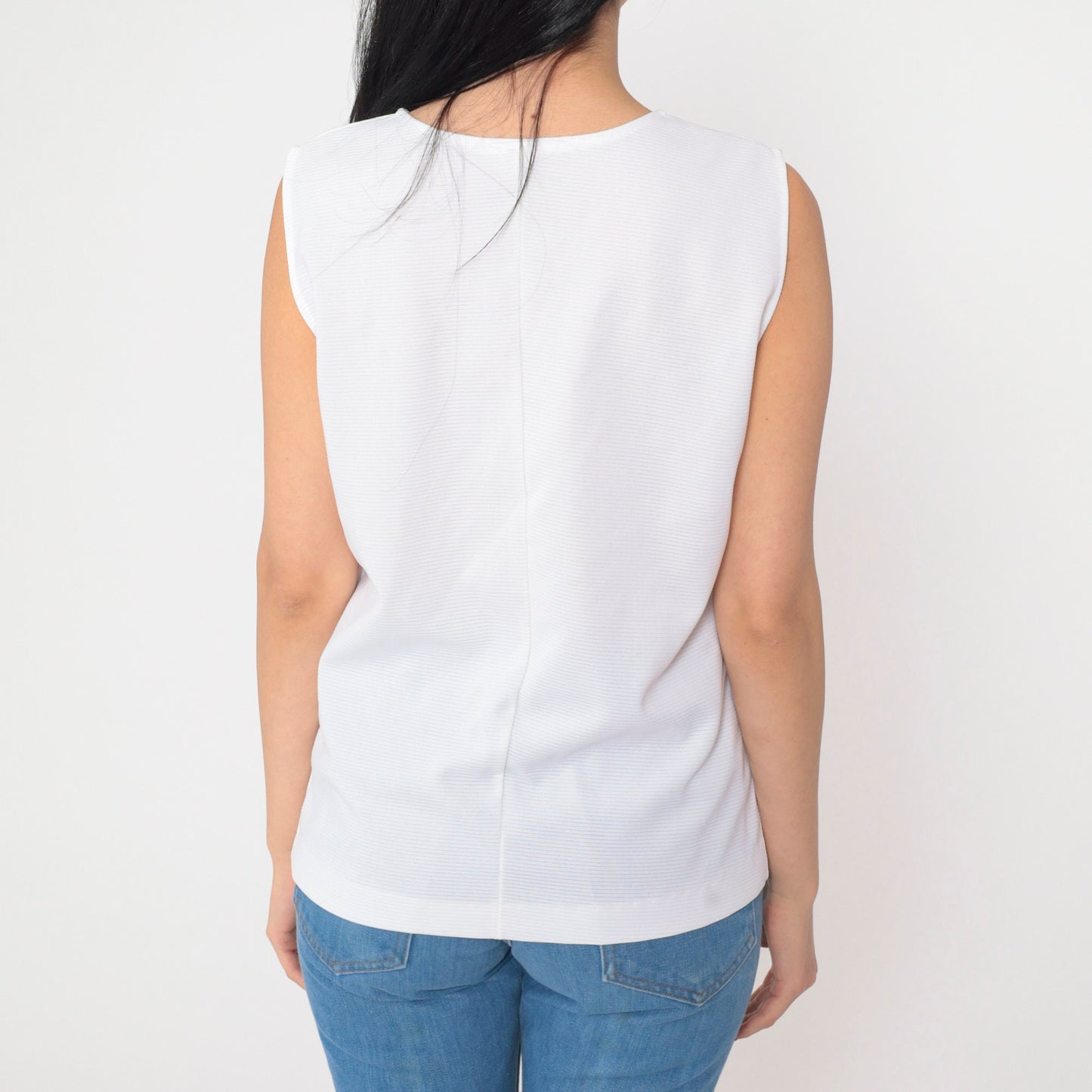 70s White Ribbed Tank Top Semi-Sheer Round Neckline Small Medium