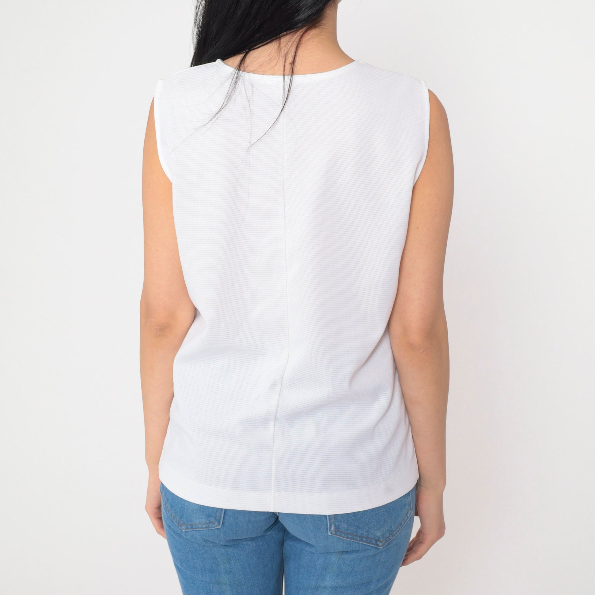 70s White Ribbed Tank Top Semi-Sheer Round Neckline Small Medium