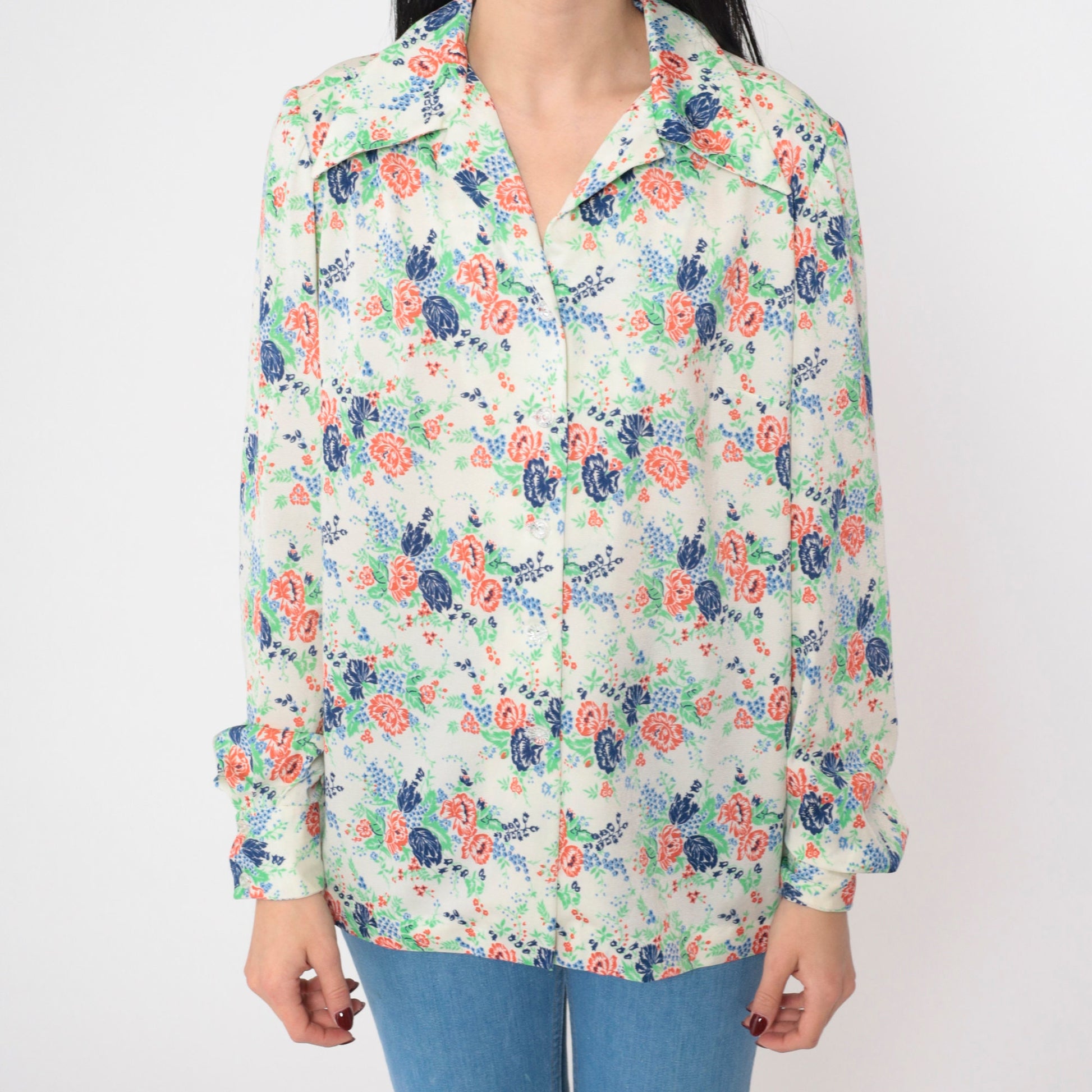 70s Floral Button-Up Blouse Off-White Collared Long Sleeve Medium