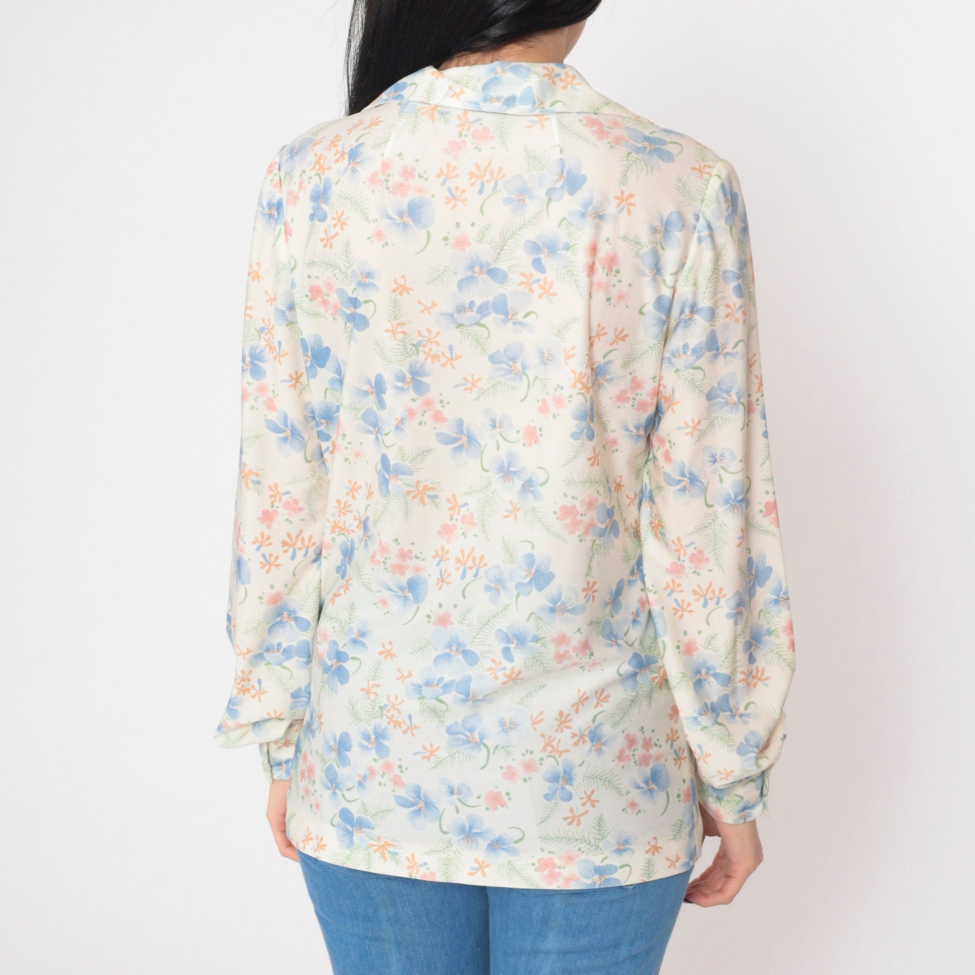 70s Floral Print Blouse White Puff Sleeve Button-Up Collared Shirt Medium