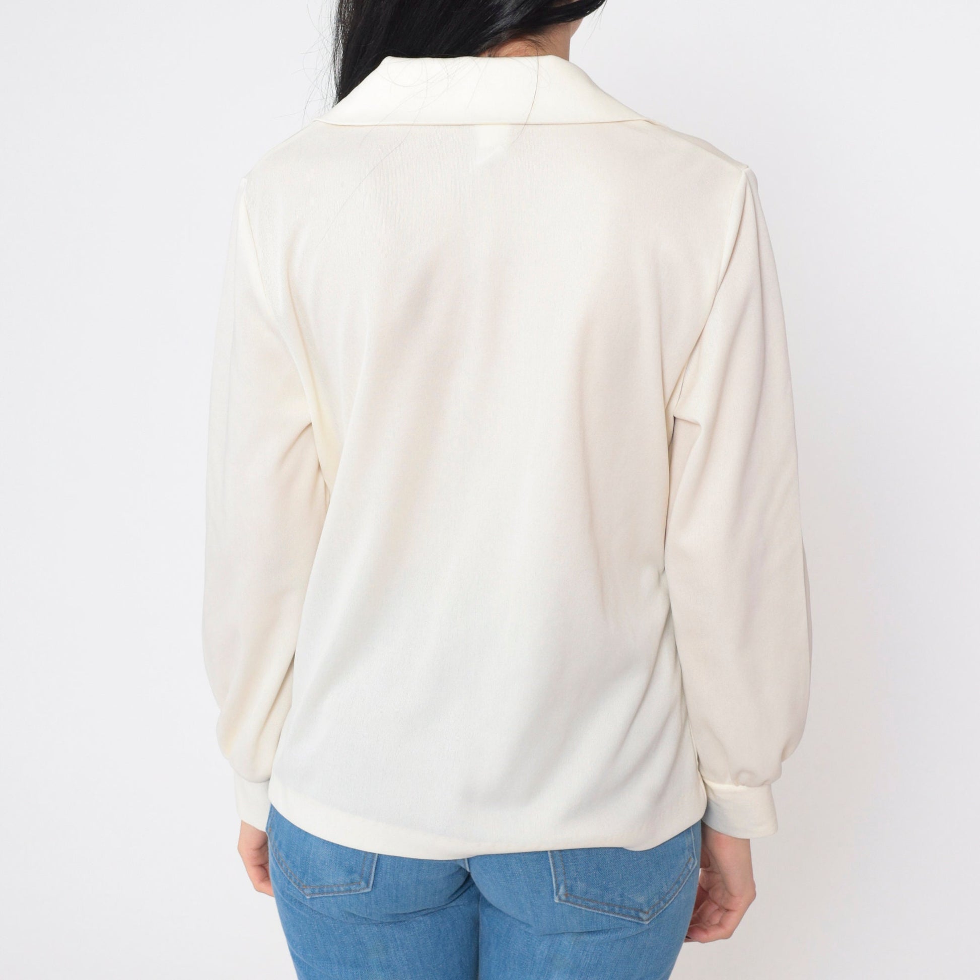 70s Off-White Semi-Sheer Collared Blouse Long Sleeve V Neck Medium