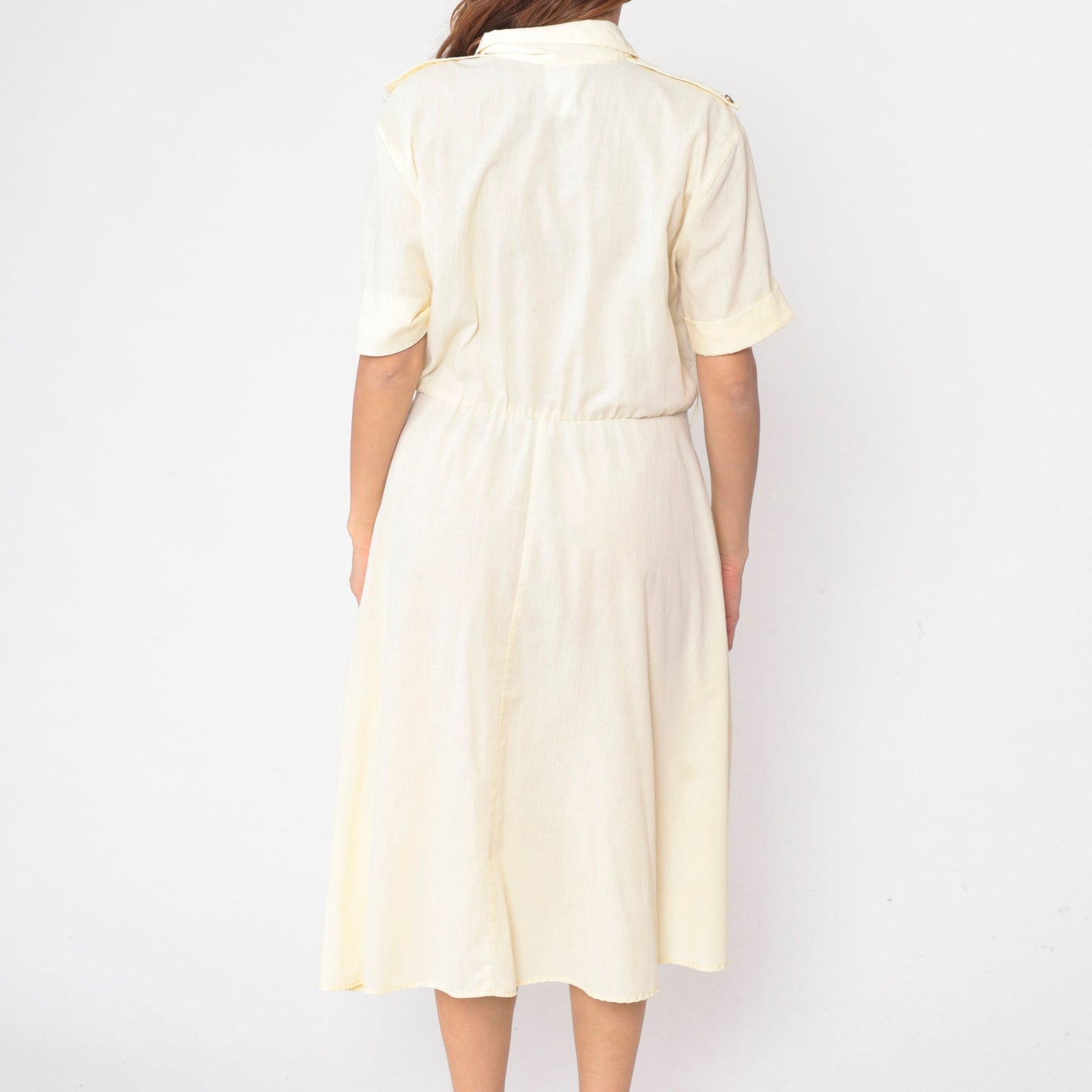 90s Pale Yellow Midi Shirt Dress High Waist Epaulette Button Up Large