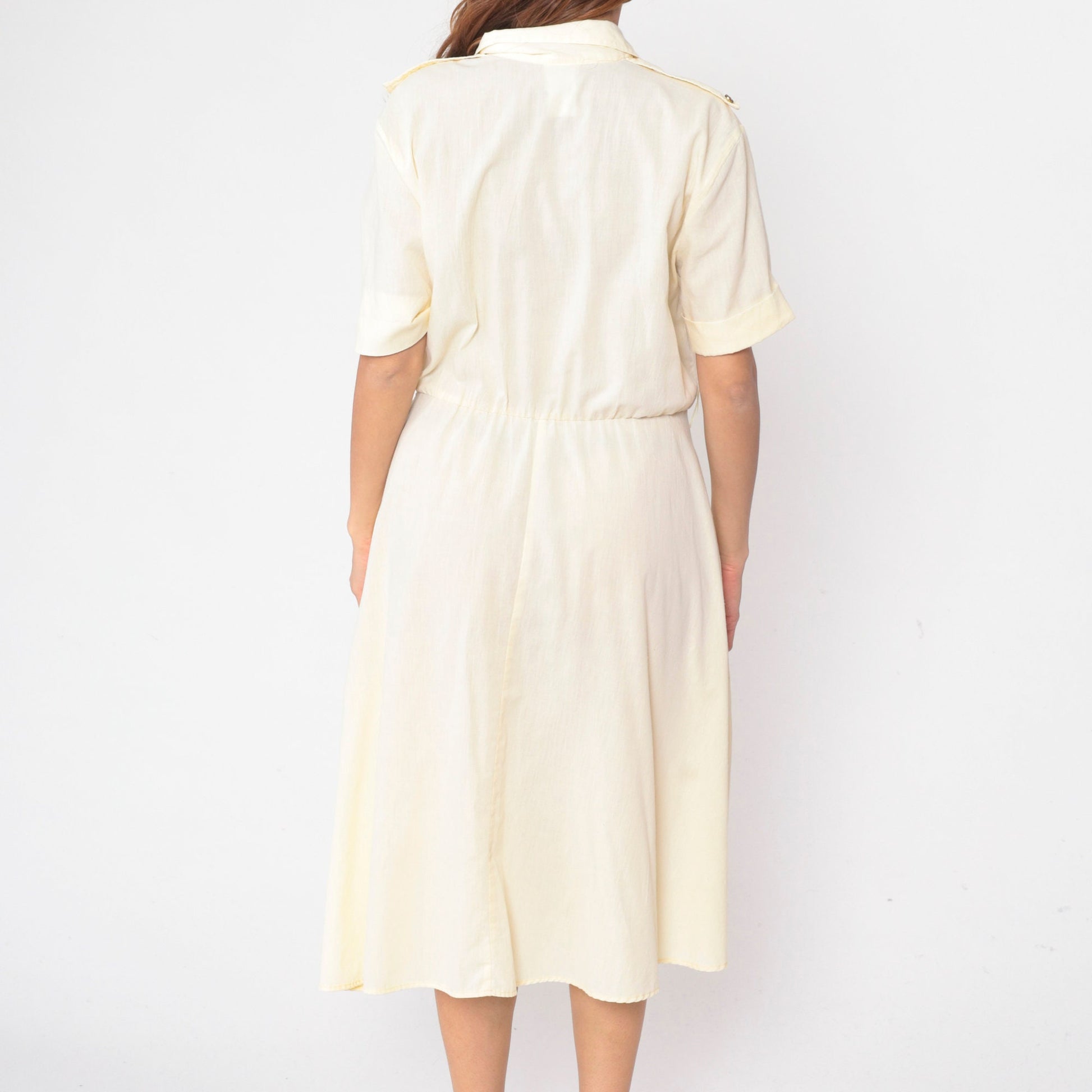 90s Pale Yellow Midi Shirt Dress High Waist Epaulette Button Up Large