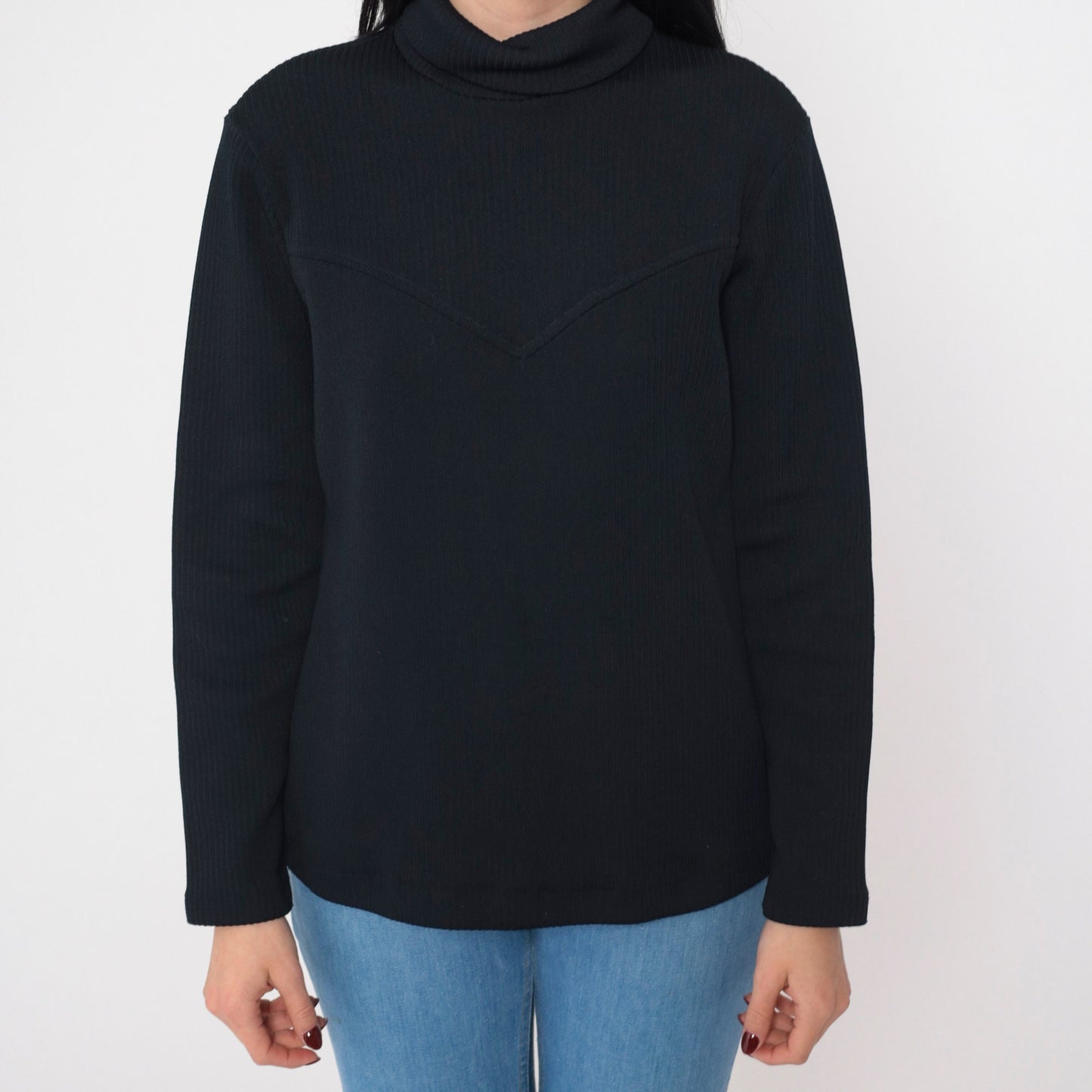 70s Black Ribbed Turtleneck Long Sleeve Knit Top Yoke Zipper Medium M