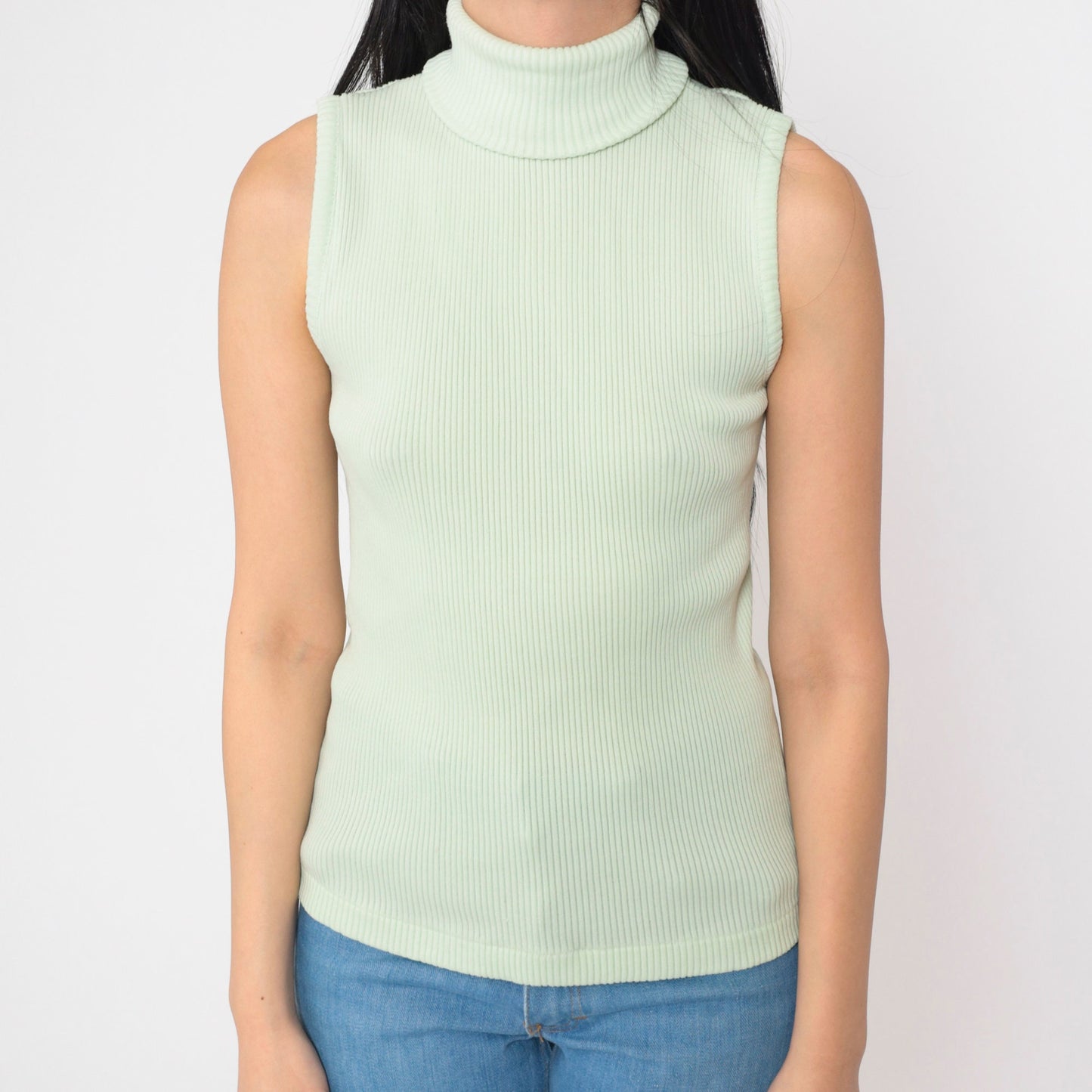 70s Mint Green Sleeveless Mock Neck Tank Top Small Medium