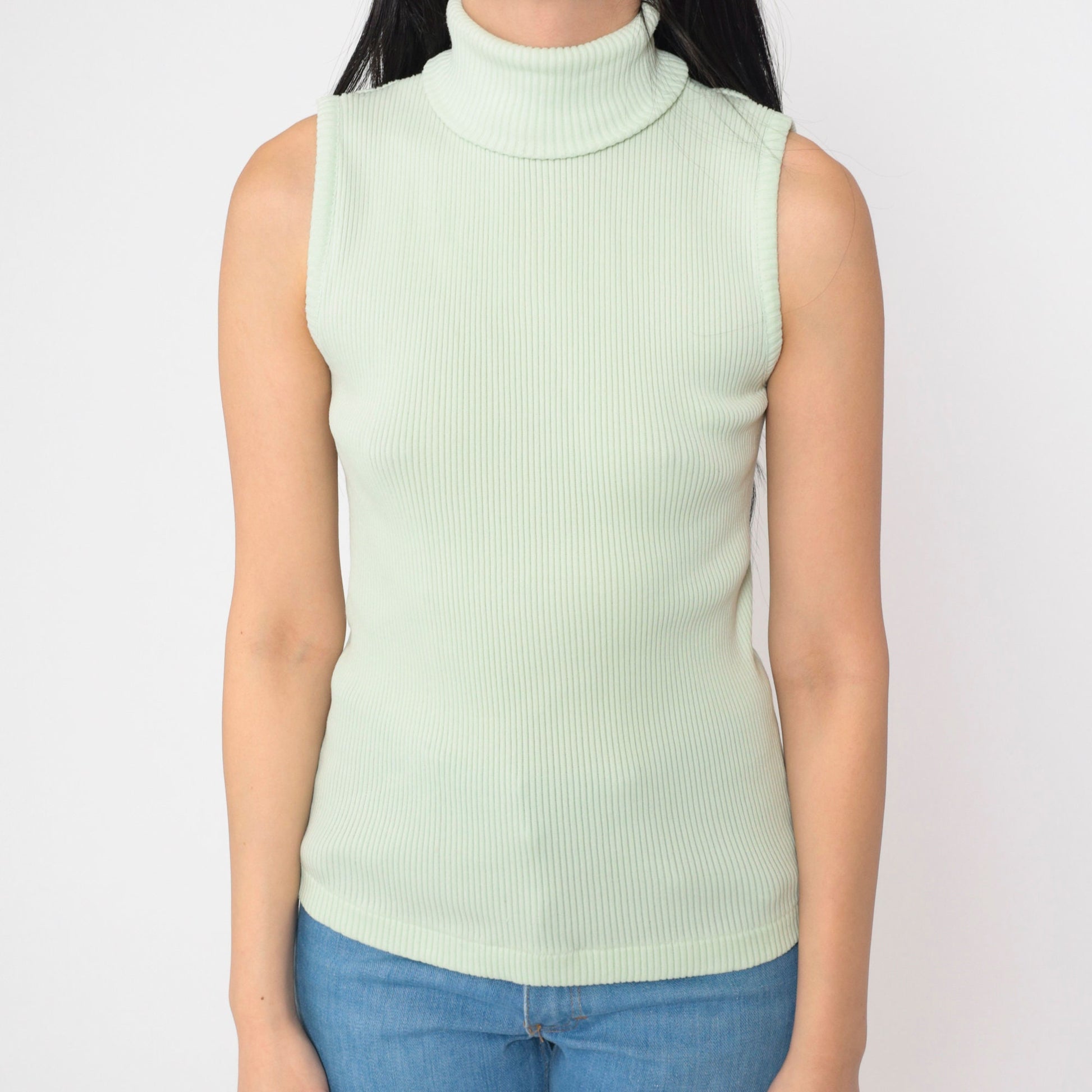 70s Mint Green Sleeveless Mock Neck Tank Top Small Medium