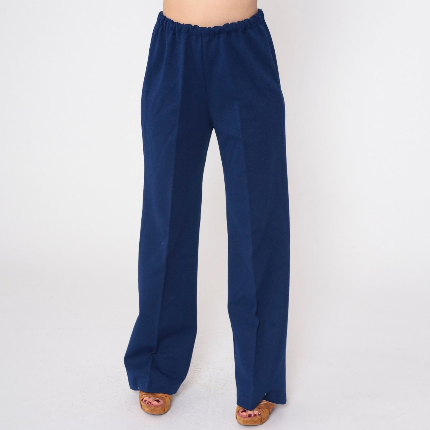 70s Navy High-Waisted Straight Leg Trousers Elastic Waist Small