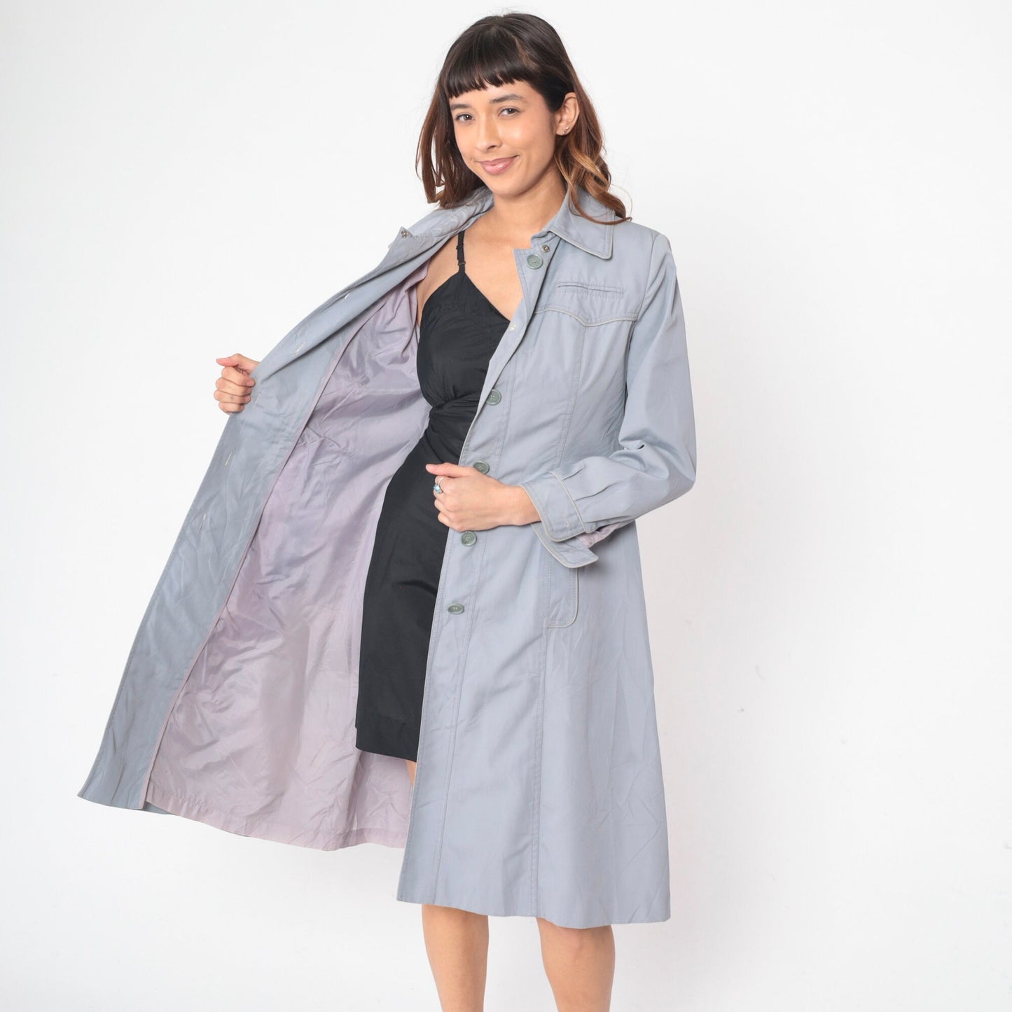 70s Muted Blue Trench Coat Western Yoke Button-Up Belted Jacket Small