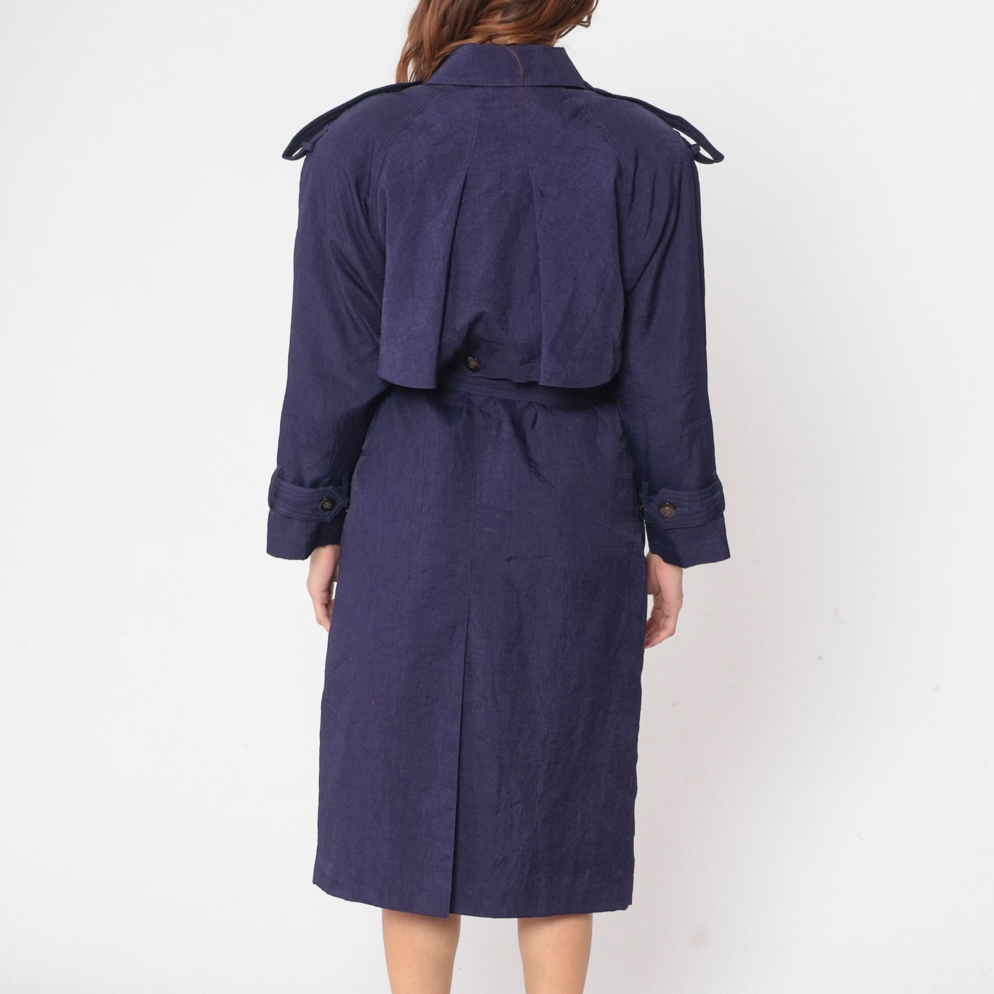 90s Purple Trench Coat Double Breasted Epaulette Belted Midi Jacket Medium
