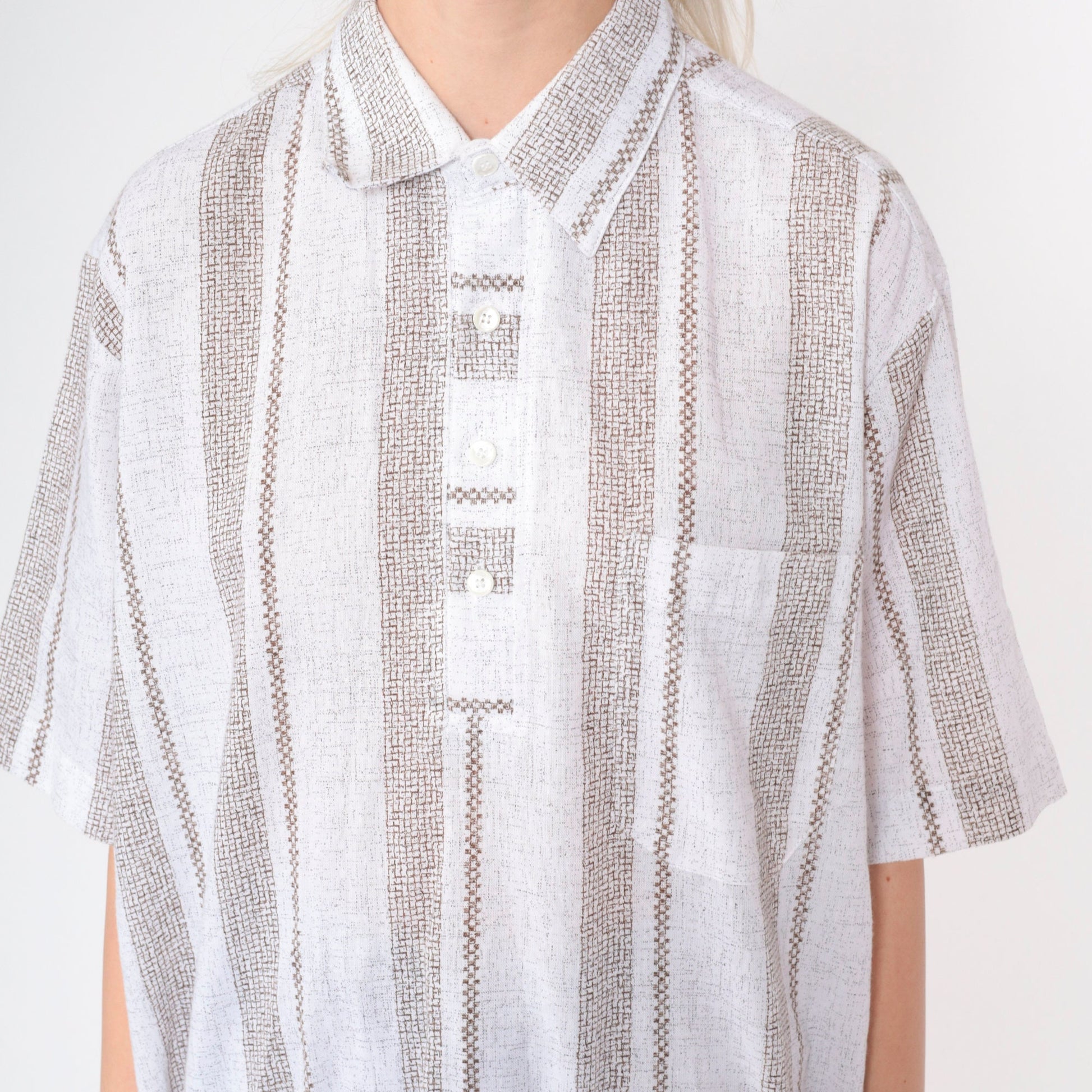 90s D'Accord Polo Shirt White Brown Checkered Striped Collared Large