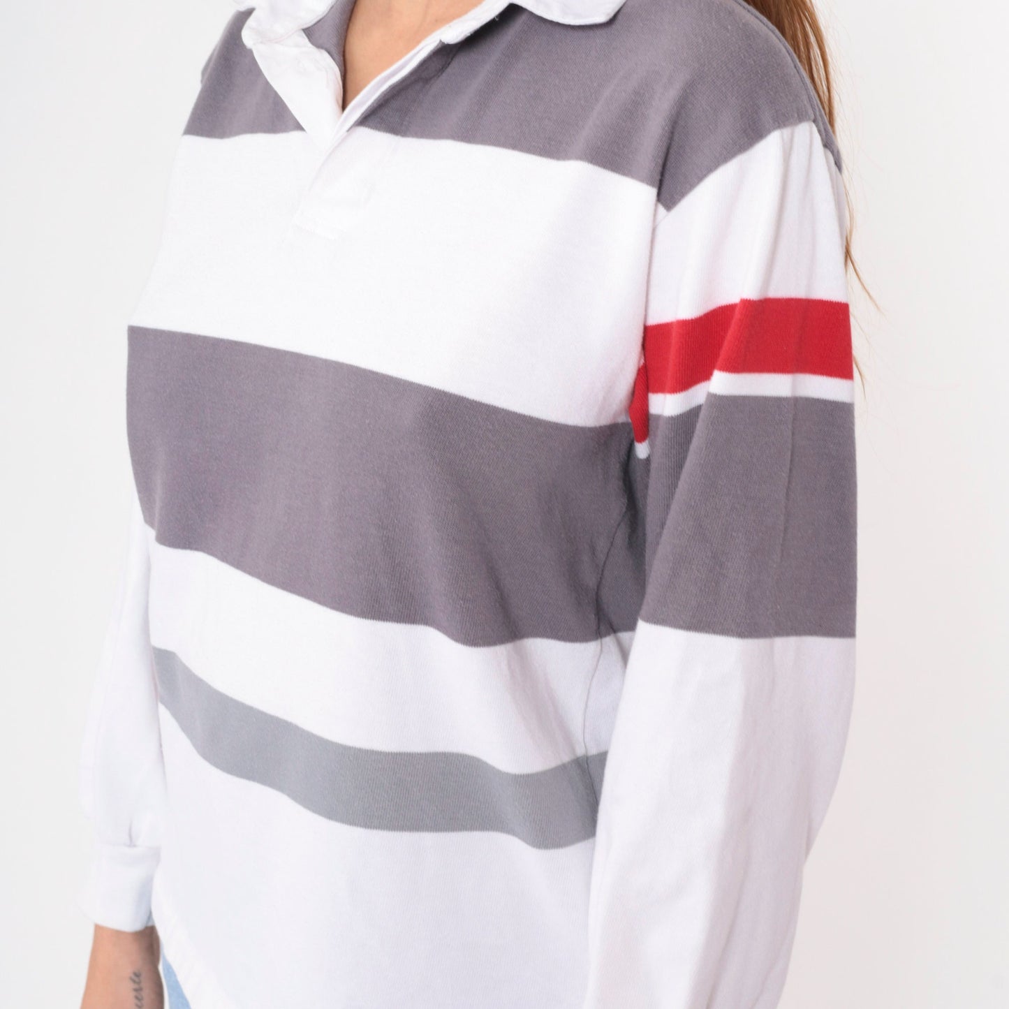 90s Shore Club Striped Rugby Shirt White Grey Red Long Sleeve Polo Medium